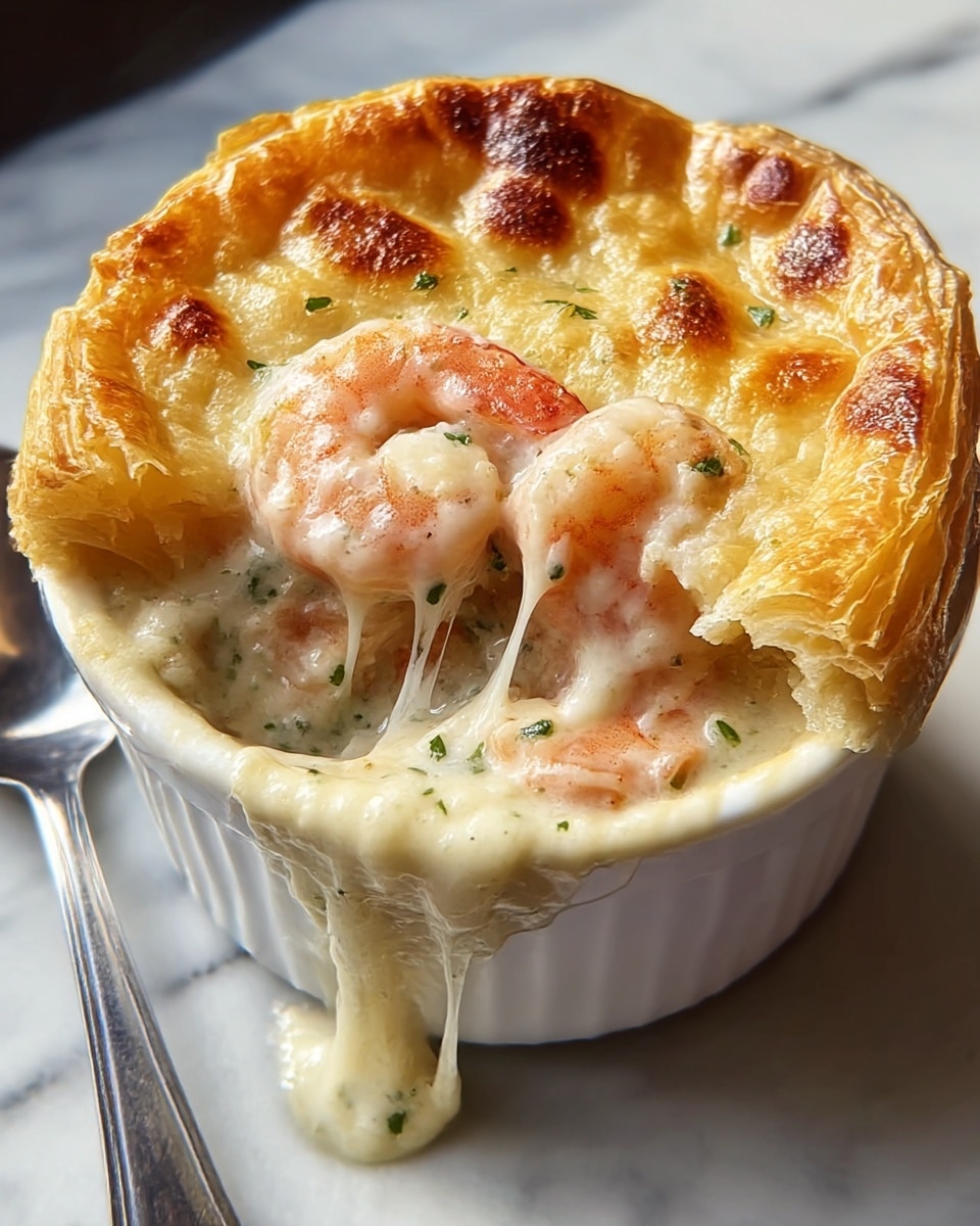 A white ramekin filled with a creamy seafood pot pie, topped with a golden-brown puff pastry crust that has a flaky, slightly crispy texture with browned spots. The crust is partially torn open, revealing a creamy white sauce mixed with herbs and chunks of pink shrimp, which are coated in the sauce and look tender and juicy. Some melted cheese is stretching between the crust and the sauce, adding a gooey texture. The ramekin sits on a white marbled surface, and a silver spoon is resting beside it. photo taken with an iphone --ar 4:5 --v 7