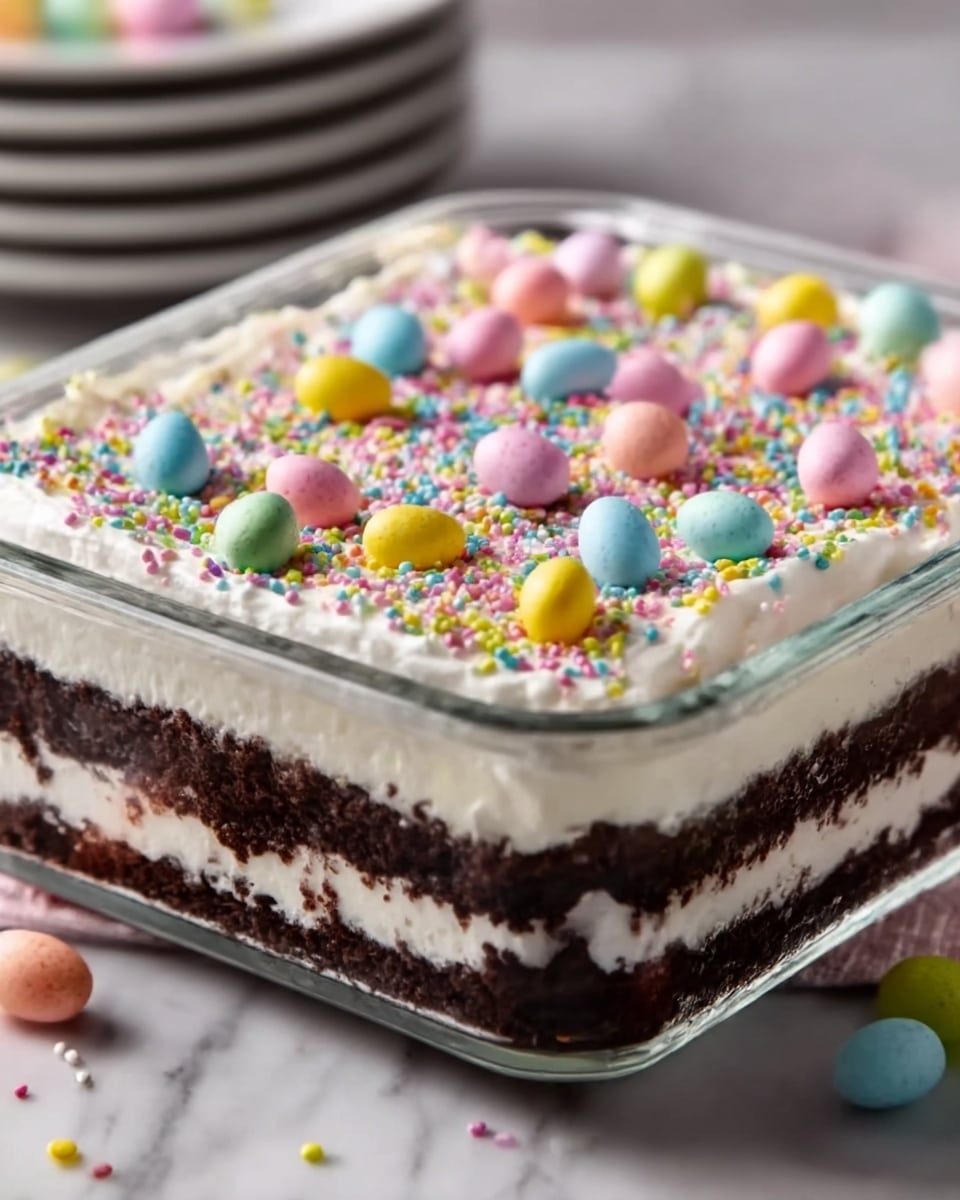 The image shows a square glass dish with three main layers of a dessert. The bottom layer is dark brown and looks like moist chocolate cake. Above it is a thick, creamy white layer that is smooth and soft in texture. This is followed by another dark brown chocolate cake layer in the middle, then another white creamy layer on top. The surface is covered with white whipped cream, decorated with colorful, shiny pastel candy eggs in pink, blue, yellow, and purple scattered all over, along with tiny rainbow sprinkles. The dish sits on a white marbled surface. Photo taken with an iphone --ar 4:5 --v 7