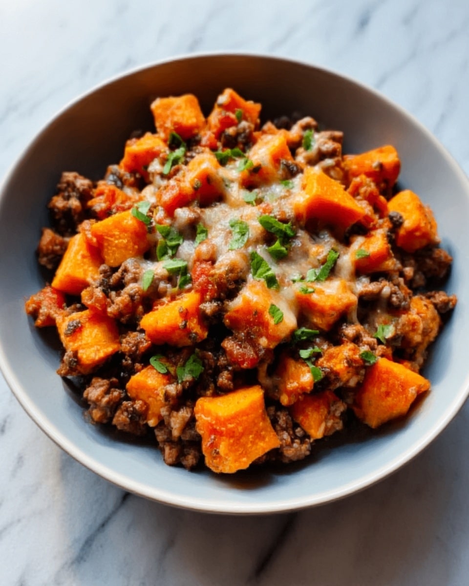 A white bowl filled with a layered dish featuring a base of cooked ground beef mixed with small pieces of tomato, topped with chunks of bright orange roasted sweet potato, and finished with a sprinkling of melted cheese and small green herbs. The dish sits on a white marbled surface, with soft natural light coming from the side. The texture contrasts between the soft sweet potatoes, crumbly meat, and gooey cheese create a hearty and colorful presentation. Photo taken with an iphone --ar 4:5 --v 7