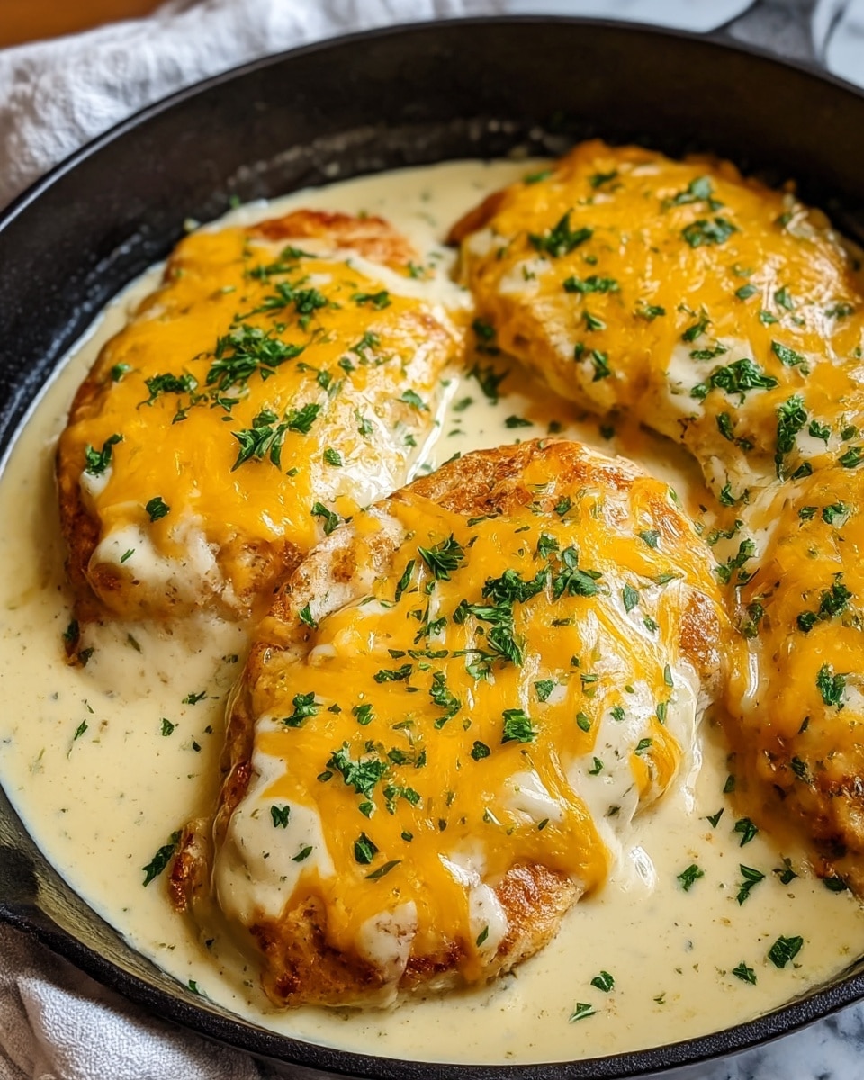 A close-up view of a black pan filled with four large, golden-brown chicken breasts covered in a thick creamy white cheese sauce, topped with melted bright orange cheddar cheese drizzled over the top, and sprinkled with small bits of fresh green parsley. The edges of the cheese sauce pool around the chicken, creating a smooth and rich texture. The pan is sitting on a white marbled surface with a folded cloth partially visible. Photo taken with an iphone --ar 4:5 --v 7