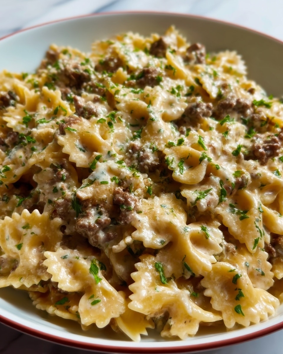 This dish shows a close-up of a white plate filled with pasta shaped like small butterflies. The pasta is mixed with small, dark brown pieces of ground meat and is covered with a creamy, light tan sauce. Bright green small parsley leaves are sprinkled on top evenly, adding a fresh look. The pasta and sauce have a smooth and slightly shiny texture, while the meat pieces look crumbly and cooked. The photo is sharp and colorful, with a clear focus on the food, set on a white marbled surface. Photo taken with an iphone --ar 4:5 --v 7