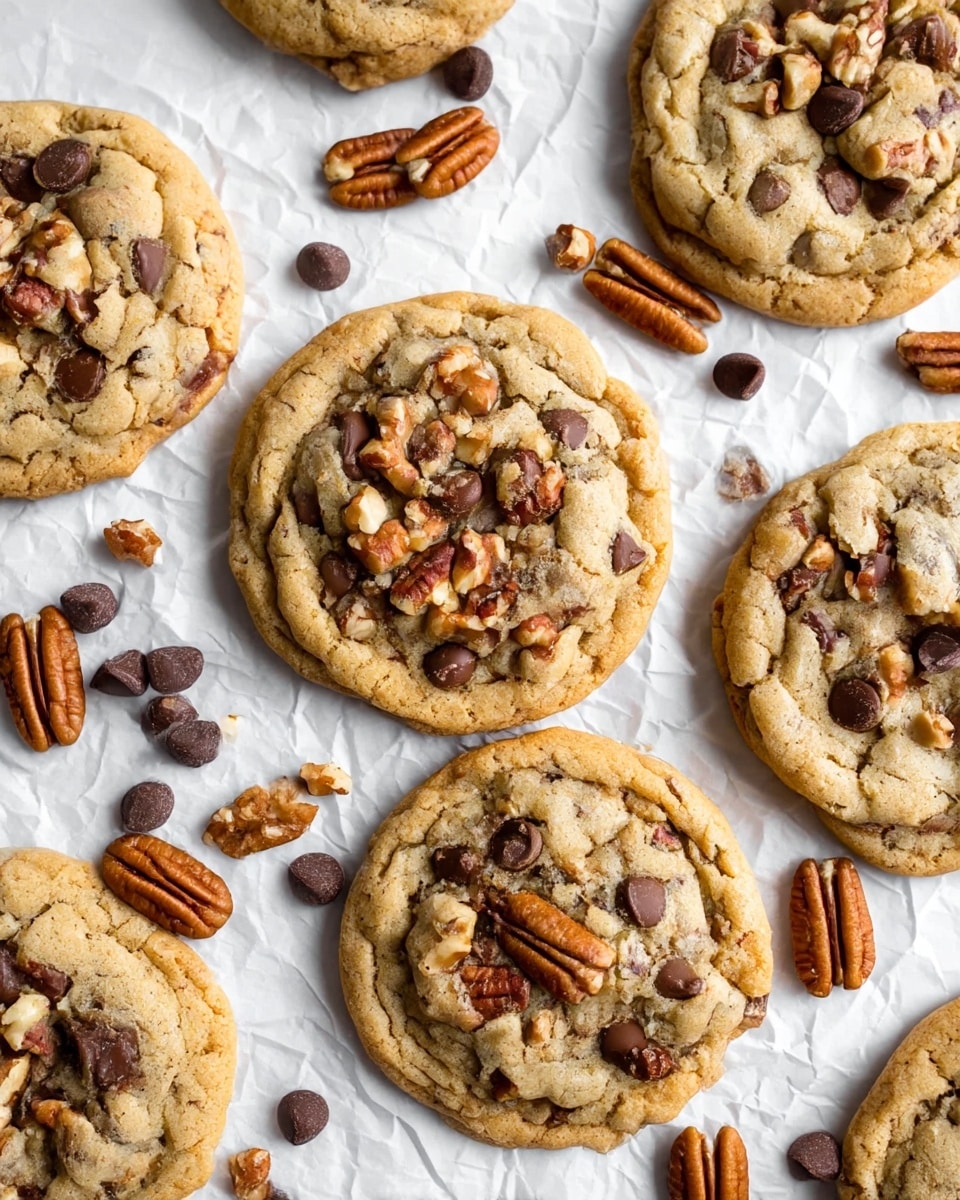 Several round cookies are laid out on a crumpled white paper over a white marbled surface. Each cookie is golden brown with a slightly textured surface and is loaded with visible chocolate chips and pecan pieces, giving a mix of dark brown and reddish-brown colors. Scattered around the cookies are more dark chocolate chips and pecans, adding a contrast on the white paper. The cookies have a slightly raised edge with a softer center, showing a familiar, homemade texture. photo taken with an iphone --ar 4:5 --v 7
