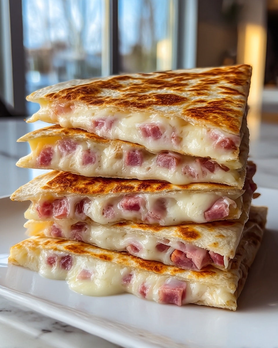 A stack of four triangular quesadilla slices is shown on a white plate set on a white marbled surface. Each quesadilla slice has a golden-brown, slightly crispy outer tortilla layer with toasted spots. Inside, there is a thick middle layer of melted, gooey white cheese, mixed with small pieces of pinkish ham, evenly distributed. The quesadilla layers are stacked neatly, with the melted cheese slightly oozing out from the edges, and the ham bits visible through the layers. The background features a softly blurred indoor scene with natural light coming through large windows. photo taken with an iphone --ar 4:5 --v 7