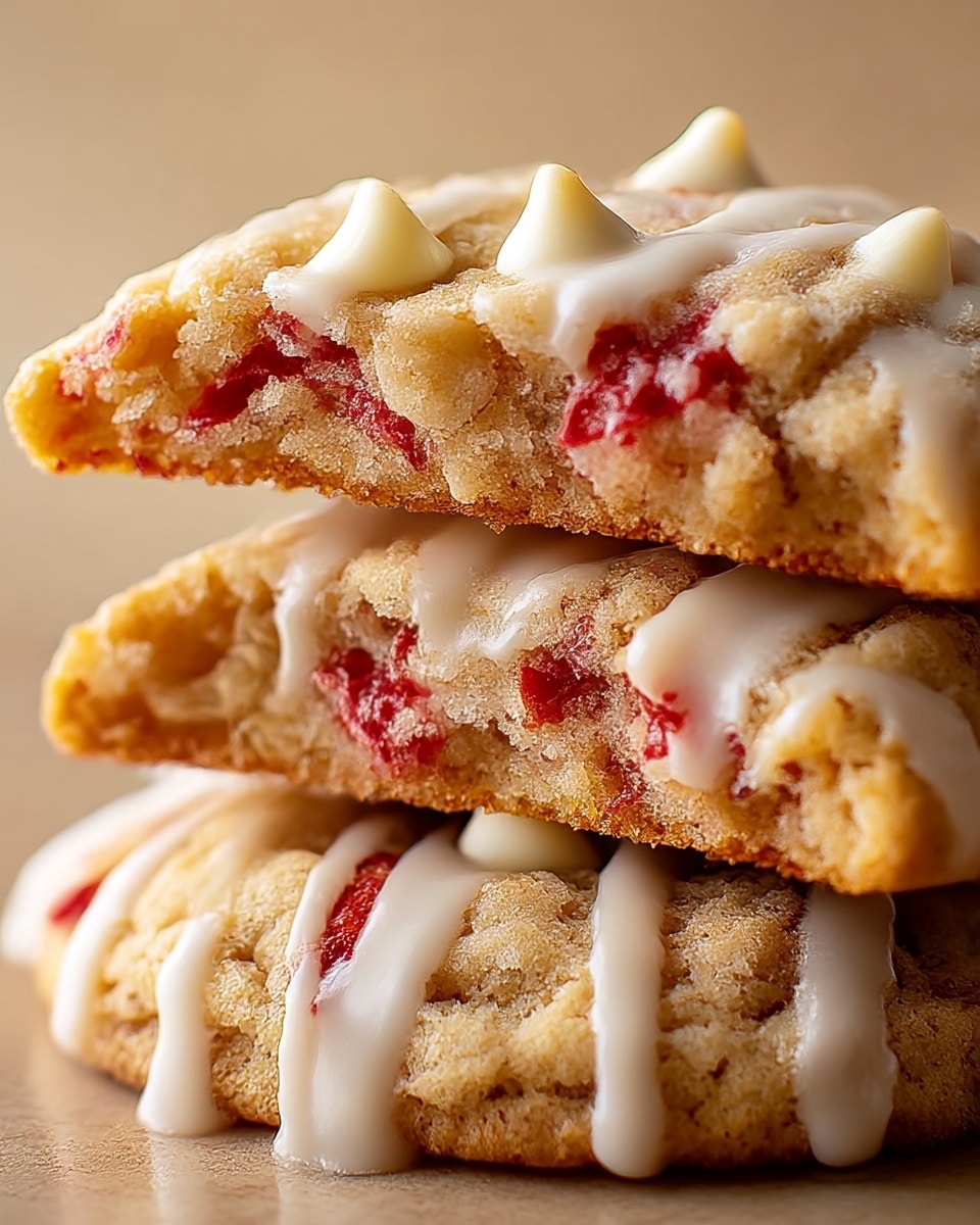 A close-up view shows a broken cookie stacked on another cookie, both featuring a crumbly golden-brown texture with visible red strawberry pieces embedded in the dough. Thick, glossy white glaze drips down from the top broken cookie, covering parts of the strawberry bits and cookie surface, creating smooth streaks that contrast with the rough crumbs. On top, small white chocolate chips are partially embedded in the dough, adding extra detail and variety to the texture. The background is a soft, out-of-focus beige that enhances the warm tones of the cookie. photo taken with an iphone --ar 4:5 --v 7