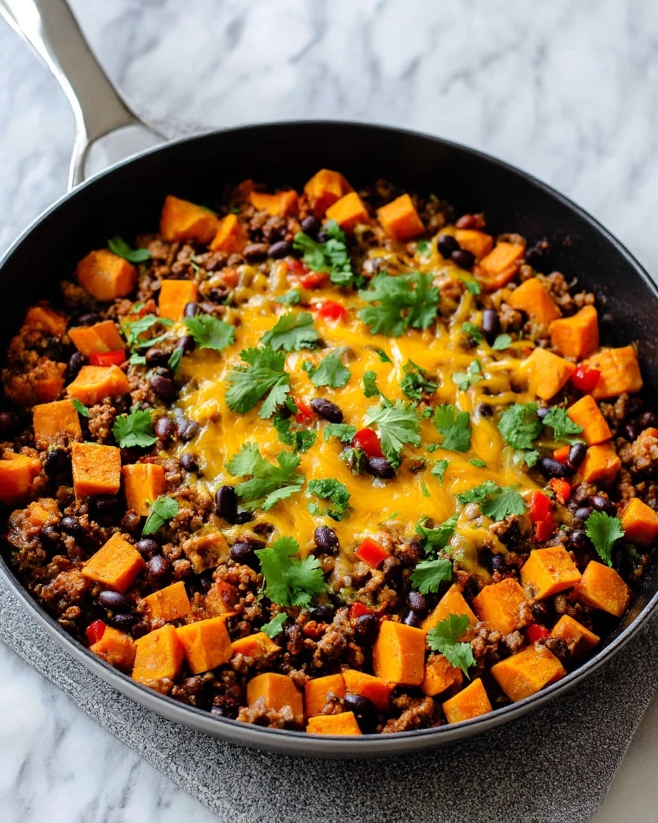 A black skillet sits on a gray textured stone, placed on a white marbled surface. Inside the skillet, the dish has a base layer of cubed bright orange sweet potatoes scattered evenly. On top of that, there is a layer of crumbled cooked ground beef mixed with black beans and small diced red bell peppers. Over the center is a melted layer of golden-yellow shredded cheddar cheese. Fresh green cilantro leaves are sprinkled on top, adding a fresh color contrast. The skillet's handle is slightly out of focus in the background. photo taken with an iphone --ar 4:5 --v 7
