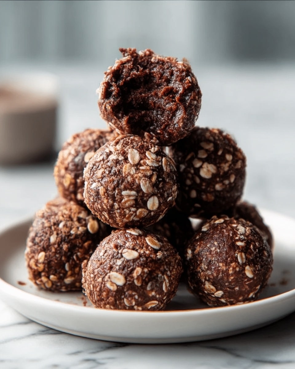 A white plate holds a stack of seven chocolate balls covered with small pieces of oats. The balls look soft and moist, with a slightly rough texture from the oats on the outside. One ball on top is bitten, showing a dark, rich, and dense chocolate inside. The background is softly blurred with a white marbled surface underneath the plate. photo taken with an iphone --ar 4:5 --v 7