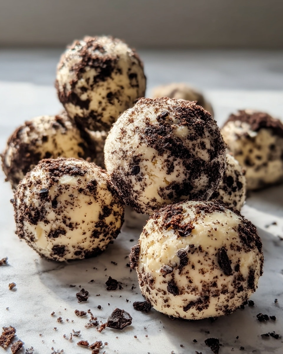 A pile of seven round dessert balls sits on a white marbled surface, each ball covered in a speckled pattern of creamy white and dark brown crumbly bits. The texture on the balls is slightly rough with small chunks of dark crumbs scattered unevenly over the creamy base. Some crumbs are also loose on the surface around the balls, adding to the homemade look. The balls are closely stacked, with one prominent ball in the foreground and others softly blurred in the background, showing depth. Photo taken with an iphone --ar 4:5 --v 7