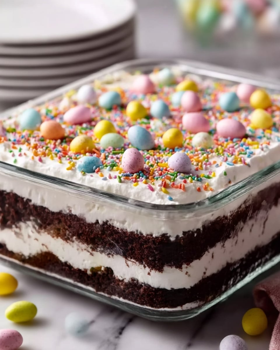 A clear glass square dish shows a three-layer dessert. The bottom layer is dark brown and looks like chocolate cake. The middle layer is thick and white, smooth like whipped cream. Above that is another dark brown cake layer with white cream in between. The top layer is white cream covered with many tiny colorful sprinkles and pastel-colored small egg-shaped candies scattered all over. The dish sits on a white marbled surface with a blurred stack of white plates in the background. photo taken with an iphone --ar 4:5 --v 7