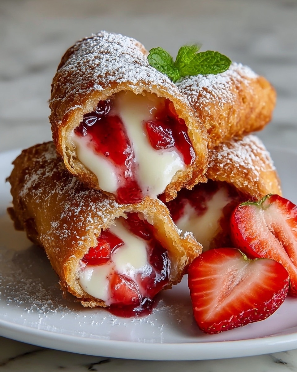 Three golden brown, crispy fried rolls are stacked on a white plate with powdered sugar dusted on top and a small green mint leaf garnish on one roll. Inside, each roll reveals a gooey, creamy white filling and a vibrant red strawberry jam with chunks of strawberry, oozing out slightly from the torn edges. To the right of the rolls, there are two fresh strawberry halves showing their bright red color and seed-speckled texture. The white plate rests on a white marbled surface. photo taken with an iphone --ar 4:5 --v 7