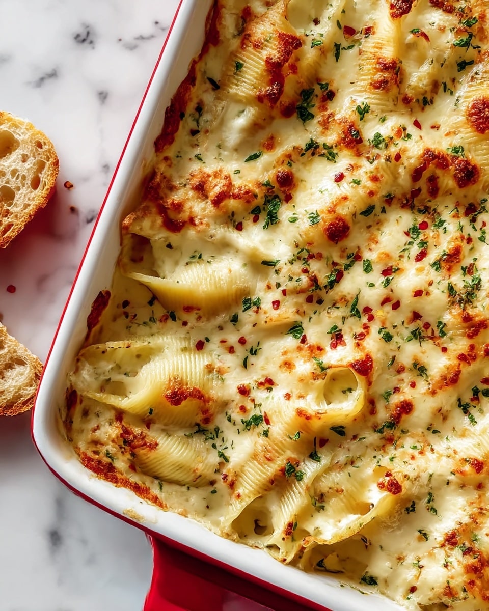 A close-up of a baked pasta dish in a white rectangular baking dish with a red handle, set on a white marbled surface. The pasta shells are stuffed and covered with a creamy white sauce and melted cheese that has browned spots and bubbly golden edges. Green herbs and small red pepper flakes are sprinkled evenly across the top, adding texture and color contrast. The layers alternate between the pasta shells and the creamy cheese sauce, giving the dish a rich, inviting look. A small piece of crusty bread with some chili flakes on it is visible next to the dish. Photo taken with an iphone --ar 4:5 --v 7