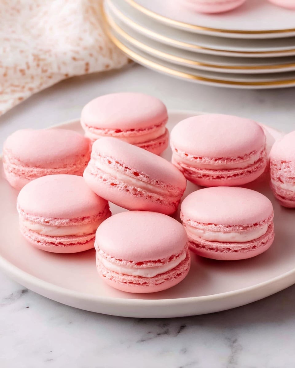 The image shows seven pink macarons arranged on a white plate with a soft matte finish. Each macaron has two smooth, rounded pink shells with a slightly textured edge, sandwiching a creamy, light pink filling in between. The macarons have a delicate and even layer of filling that peeks out subtly from the edges. The plate is set on a white marbled surface, with a neat stack of white plates with gold rims and a light-patterned cloth partially visible in the background. The lighting is bright and soft, highlighting the smooth texture of the macarons and the gentle shine of the filling. photo taken with an iphone --ar 4:5 --v 7
