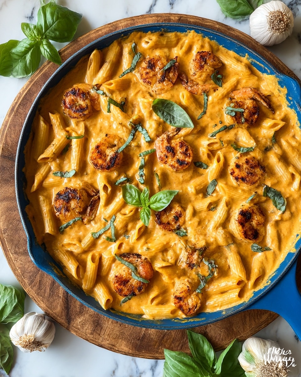 A close-up view of a white pot filled with creamy orange-colored penne pasta mixed with a smooth sauce, topped with multiple grilled shrimp that have a golden-brown charred texture. The pasta is mixed well with the sauce that has small flecks of green herbs and spices. Thin strips of green basil leaves are sprinkled across the dish, and two fresh whole basil leaves are placed on top. The pot is set on a round wooden board with a white marbled texture surface beneath. Photo taken with an iphone --ar 4:5 --v 7
