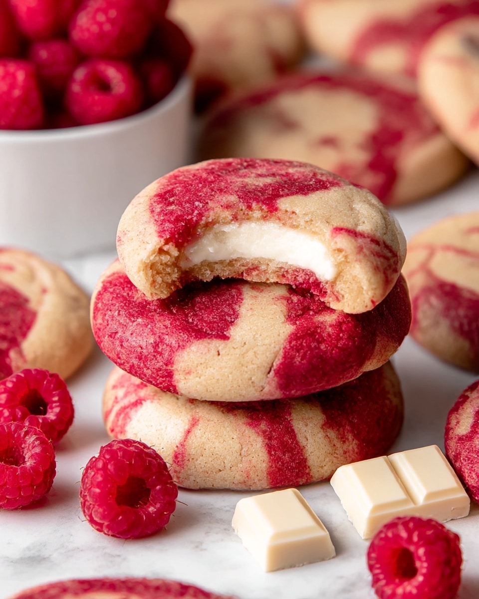 The image shows a stack of three round cookies with a marbled pink and light beige surface, sprinkled lightly with sugar. The top cookie has a bite taken out, revealing three distinct layers inside: a white creamy center on top, a thin golden brown layer beneath it, and a slightly darker beige cookie base. Around the stack, there are bright red raspberries and two white square pieces of white chocolate, adding contrast. In the background, a white plate filled with more red raspberries is partially visible against a white marbled surface. photo taken with an iphone --ar 4:5 --v 7