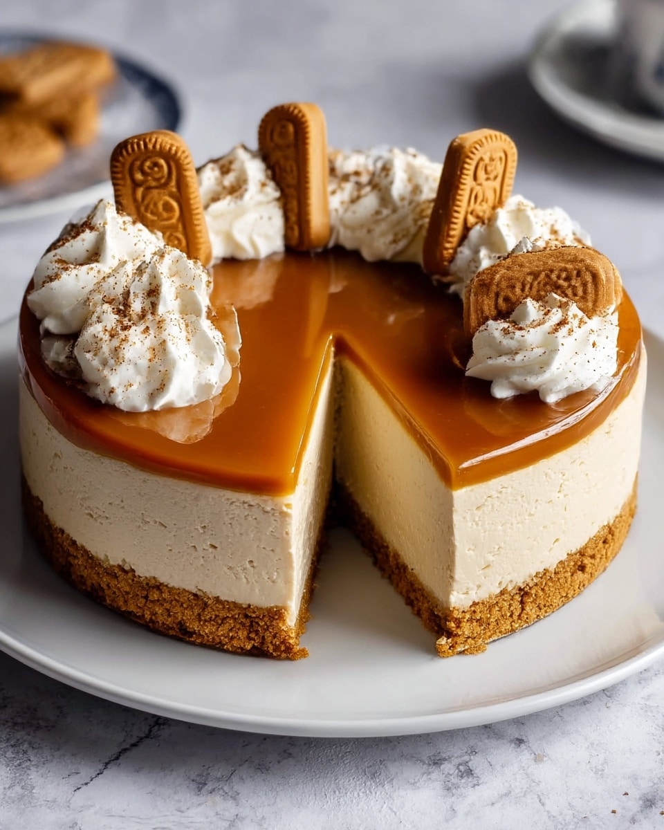 A round cheesecake with three visible layers sits on a white plate on a white marbled surface. The bottom layer is a crumbly, golden-brown cookie crust. Above that is a thick, smooth, light beige cheesecake filling. The top layer is a shiny caramel glaze with a rich amber color. Around the edge of the cheesecake, there are dollops of white whipped cream sprinkled with brown spice, with rectangular caramel cookies resting on top of each dollop. One slice is cut out, showing the clean layers clearly. Photo taken with an iphone --ar 4:5 --v 7