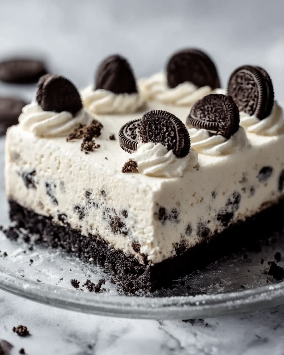 A square slice of cookies and cream cake is shown on a clear glass plate sitting on a white marbled surface. The cake has three distinct layers: the bottom layer is dark and crumbly, made of crushed chocolate cookies; the middle layer is thick and creamy with small pieces of cookies mixed in, colored white with specks of dark cookie bits; the top layer is smooth white whipped cream, decorated with whole chocolate sandwich cookies evenly spaced on top. Photo taken with an iphone --ar 4:5 --v 7