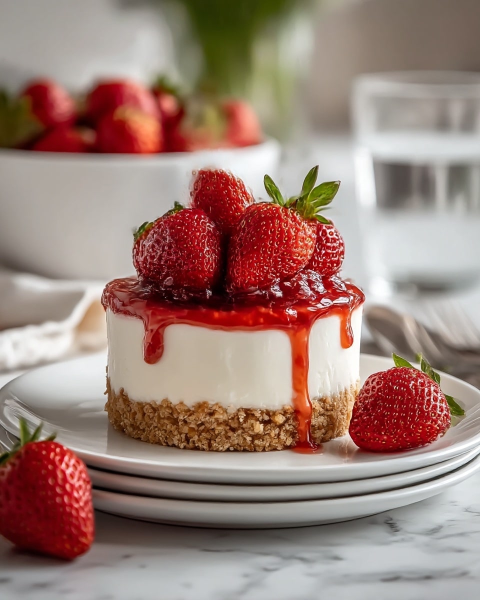 This image shows a small round cheesecake with three visible layers on a stack of white plates. The bottom layer is a crumbly, light brown crust, the middle layer is a thick, smooth white cream cheese filling, and the top layer is a thin, glossy red strawberry sauce dripping slightly down the sides. On top, there is a generous pile of whole fresh strawberries with bright red color and green leaves. The dessert sits on a white marbled surface with a soft focus background that includes a white bowl filled with more strawberries and a glass of water. photo taken with an iphone --ar 4:5 --v 7