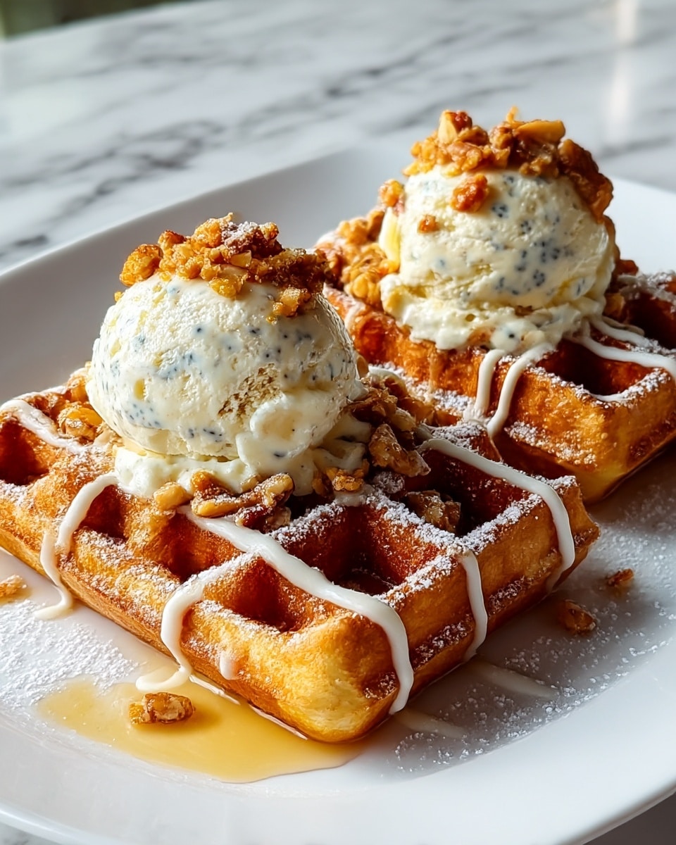 Two golden brown waffles with a crispy texture sit side by side on a white plate placed on a white marbled surface. Each waffle has a scoop of creamy white ice cream with visible specks, topped with crunchy golden nut pieces. A light dusting of powdered sugar covers the waffles, while smooth white icing is drizzled in lines over the top. Honey or syrup pools gently around the base of the waffles, adding a sticky, shiny layer to the composition. The photo taken with an iphone --ar 4:5 --v 7