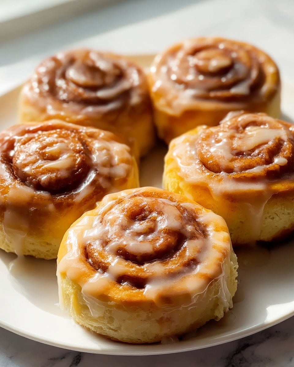 The image shows five cinnamon rolls on a white plate placed on a white marbled surface. Each roll has a thick, spiral shape with a golden-brown outer layer and a soft, light yellow inside. A shiny, creamy glaze covers the tops and drips down the sides, adding a glossy texture. The swirls in each roll reveal a darker cinnamon filling. The lighting is warm with a soft shadow, highlighting the gooey glaze and the rolls' fluffy texture, creating a cozy and fresh look. photo taken with an iphone --ar 4:5 --v 7