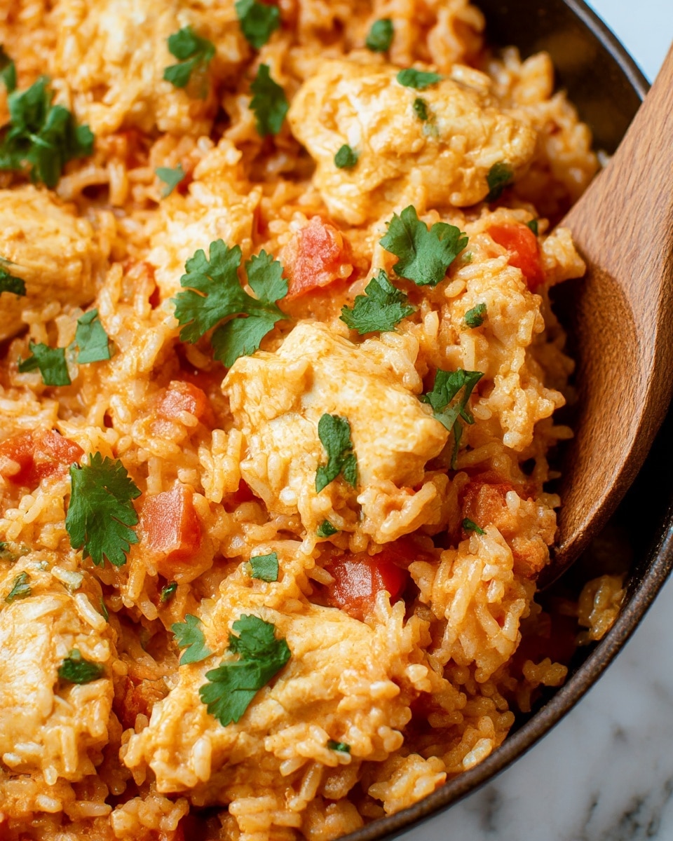 The image shows a close-up of a dish with soft, orange-tinted cooked rice mixed with small chunks of red tomato pieces. On top and mixed inside are several large, light golden chicken pieces, each piece looking tender and moist. Small green cilantro leaves are scattered over the rice and chicken, adding a fresh contrast of color. A wooden spoon is partially visible on the right side, slightly buried in the rice. The dish sits against a white marbled surface. photo taken with an iphone --ar 4:5 --v 7