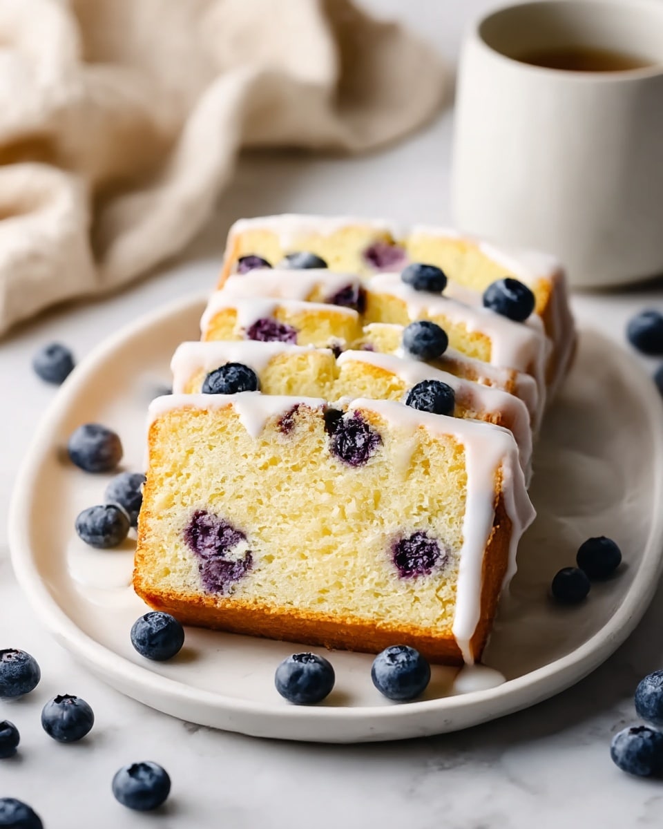 The image shows four slices of light yellow-blueberry cake, arranged in a row on a white plate. Each slice has visible blueberries inside, with some blueberries on top. White icing drips down from the top of each cake slice, adding texture and shine. Around the plate are scattered fresh blueberries, adding contrast. In the background, a white marbled surface is visible with a blurred beige cloth and a white ceramic cup. The overall look is soft and fresh with a focus on the cake slices. photo taken with an iphone --ar 4:5 --v 7