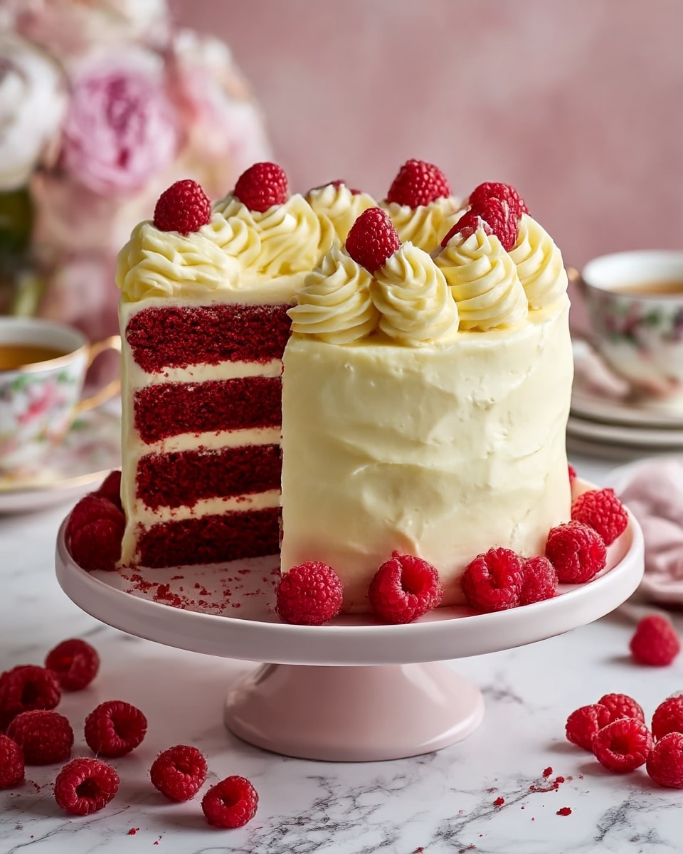 A three-layer red velvet cake with deep red, moist cake layers alternated with smooth, creamy white frosting. The outside is fully covered in the same white frosting, decorated with large swirls of yellowish cream along the top edge and base. Fresh bright red raspberries are placed on top in a row and at the bottom, adding a fresh, vibrant contrast. One slice is cut out, showing the even layers of cake and frosting inside. The cake is on a white cake stand with a pale pink base, set on a white marbled surface with scattered raspberries around. Photo taken with an iphone --ar 4:5 --v 7