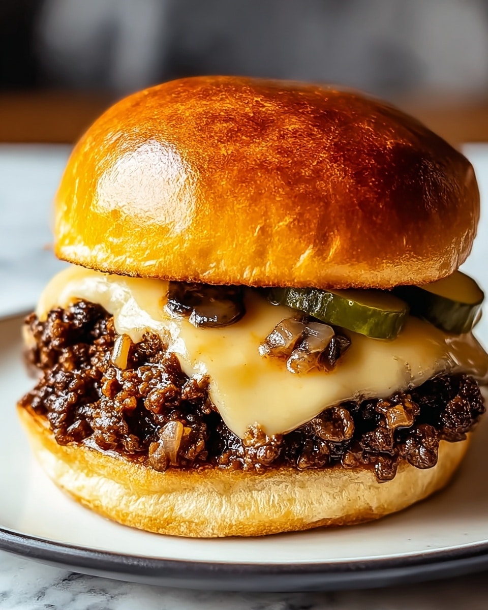 A close-up view of a burger with a shiny, golden-brown top bun that looks soft and slightly glossy. Under the bun, there is a layer of melted light yellow cheese with a smooth texture, mixed with small pieces of cooked mushrooms and diced onions. Below this, a thick layer of dark brown ground beef is visible, juicy and slightly chunky. A few slices of green pickles peek from the side. The bottom bun is lightly toasted with a golden crust and sits on a white plate, placed on a white marbled surface. photo taken with an iphone --ar 4:5 --v 7