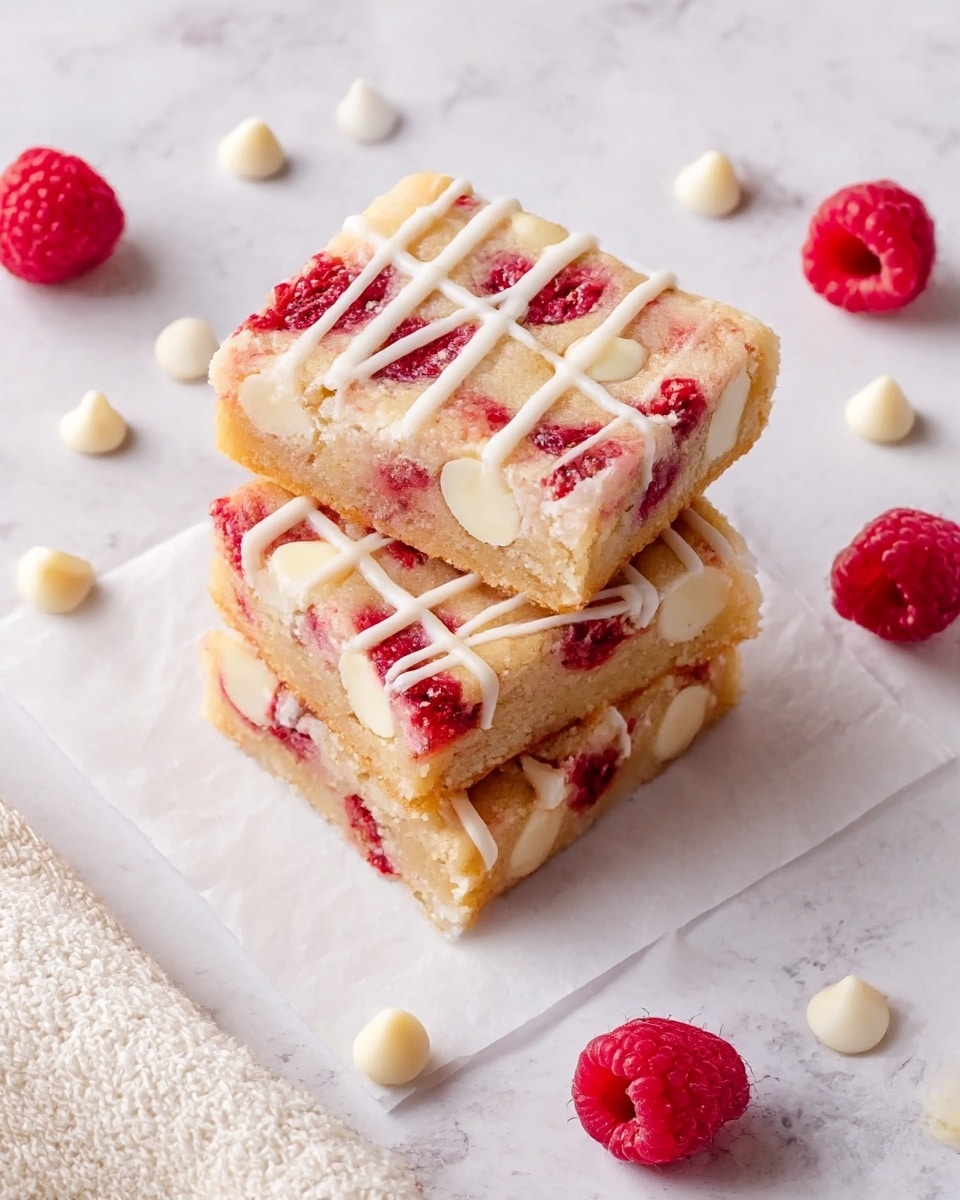 A stack of three square dessert bars lies on a piece of white parchment paper, placed on a white marbled texture surface. Each bar has two clear layers: a light beige base with visible white chocolate chips embedded inside, and patches of bright red raspberries scattered throughout for a speckled look. The top of each bar is finished with thin, white icing drizzles in diagonal lines. Around the stack, fresh raspberries and a few white chocolate chips are scattered randomly. A beige textured cloth is partially visible in the corners. photo taken with an iphone --ar 4:5 --v 7