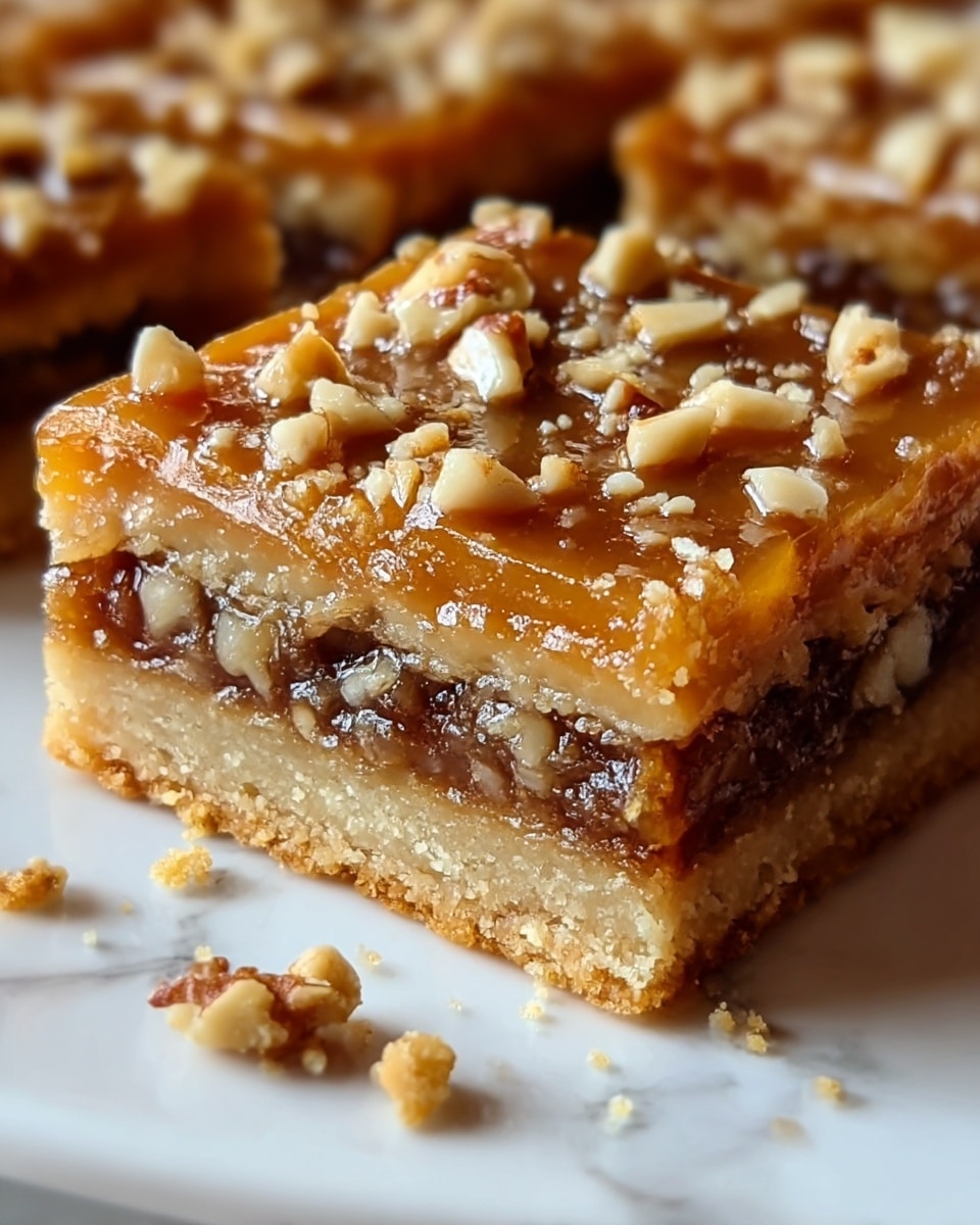 A close-up of a square dessert bar with three detailed layers: the bottom layer is a crumbly light brown crust with a rough texture, the middle layer is a chewy, dark brown nut-filled filling, and the top layer is a shiny golden caramel glaze scattered with small nut pieces. Some crumbs are visible around the dessert on a white surface with a marbled texture. photo taken with an iphone --ar 4:5 --v 7