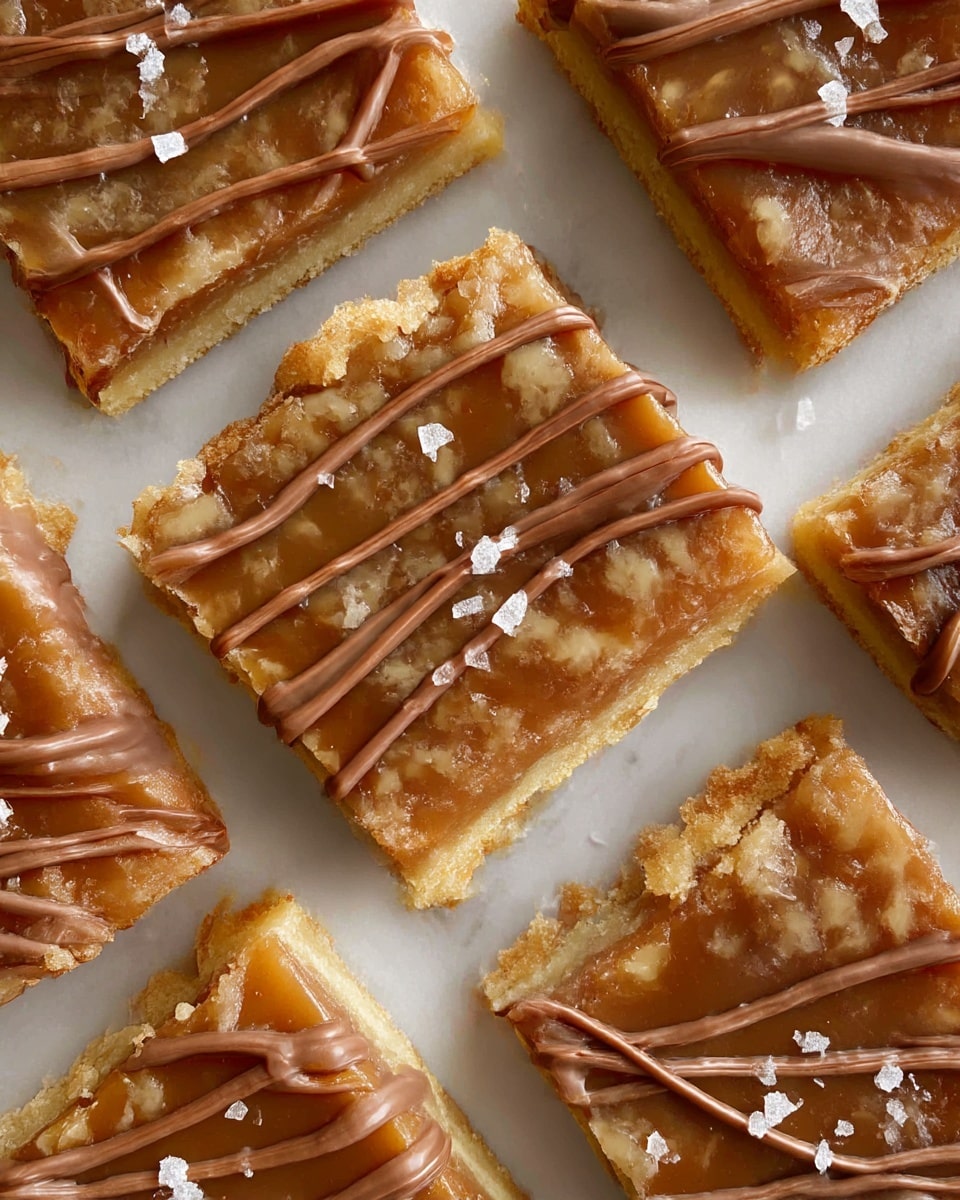 The image shows close-up square pieces of a dessert with three visible layers. The top layer is shiny and golden caramel with a sticky texture, sprinkled lightly with small white flakes of sea salt. The middle layer is a soft, pale brown cookie crust that looks dense and crumbly. Drizzled over the caramel top are thick lines of smooth milk chocolate sauce in a zigzag pattern. The squares are arranged on a white plate on a white marbled surface. Photo taken with an iphone --ar 4:5 --v 7