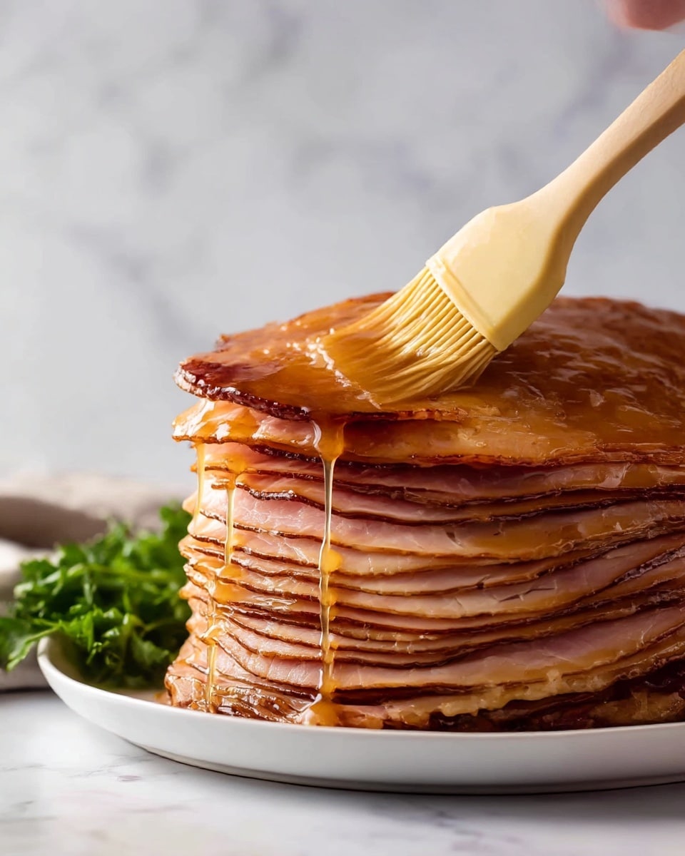 A sliced ham sits as a stack of many thin, juicy layers in shades of light and dark brown, with some edges slightly crispy and darker. The top is being brushed with a shiny layer of light brown glaze using a white and wooden basting brush held by a woman's hand. The ham rests on a white plate on a white marbled surface, with some green leaves blurred softly in the background. photo taken with an iphone --ar 4:5 --v 7