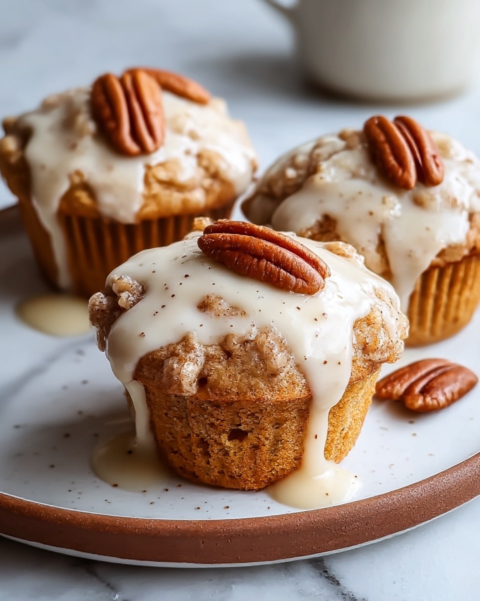 Three muffins sit close together on a white plate with a thin brown rim, placed on a white marbled surface. Each muffin has a rough, bumpy brown base with visible crumb texture. On top, a creamy beige glaze drips slightly over the sides, dusted lightly with brown cinnamon powder. Whole pecans and some smaller nut pieces rest on top of the glaze, adding a crunchy texture. The muffins are arranged with one in the front and two behind it, close to each other. photo taken with an iphone --ar 4:5 --v 7