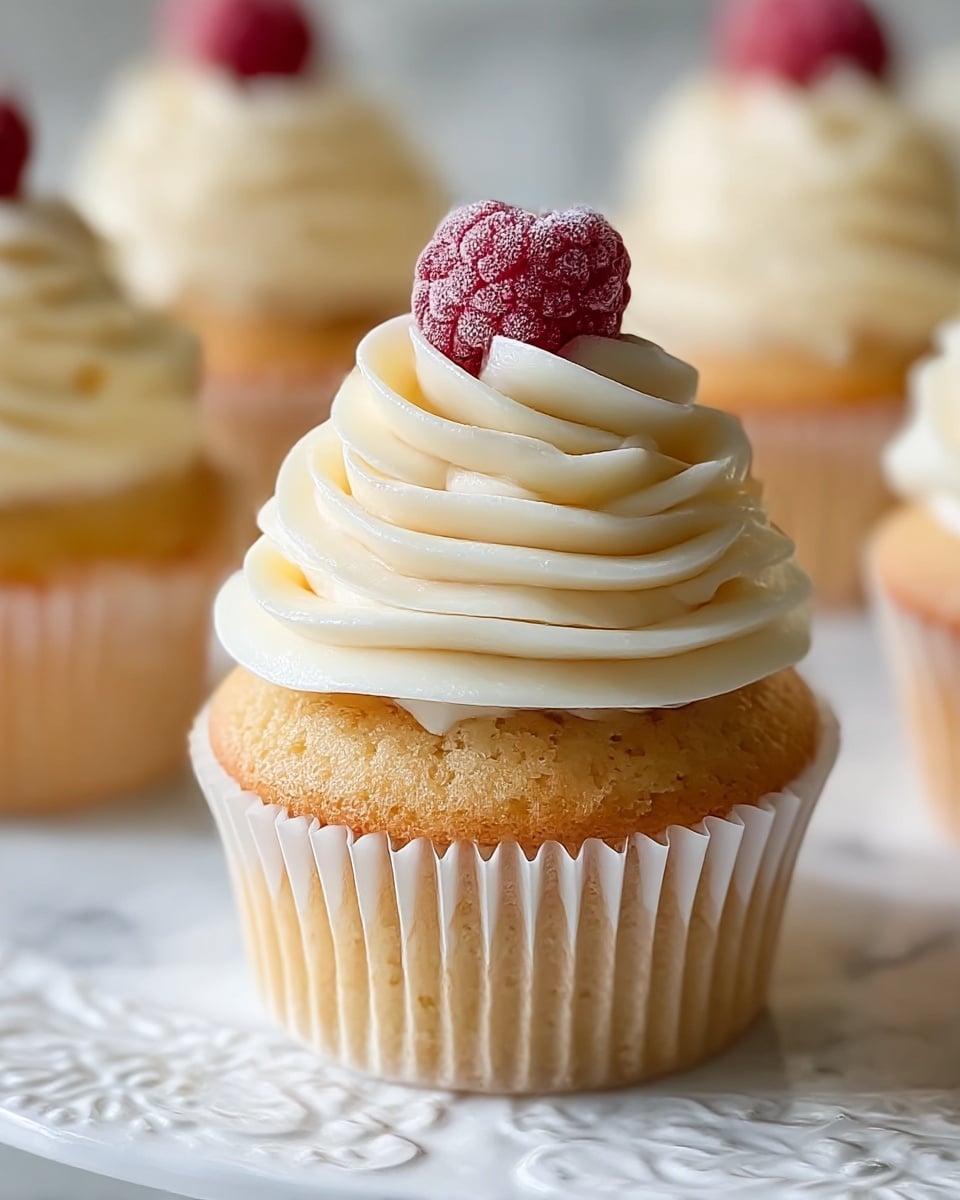 The image shows a close-up of a vanilla cupcake with three distinct layers: the base is a light golden, soft cake layer with subtle texture, wrapped in a white paper liner; the middle layer is a thick swirl of smooth, creamy off-white frosting piped in elegant loops covering the top of the cupcake; on top of the frosting sits a single frozen red raspberry with visible frost crystals, adding a pop of color. The cupcakes rest on a white plate with intricate embossed designs, placed on a white marbled surface. Photo taken with an iphone --ar 4:5 --v 7