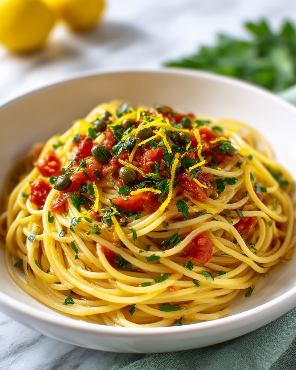 A white bowl holds a plate of spaghetti with a light golden color, topped with scattered pieces of bright red diced tomatoes and small round green capers. On top, there are small bits of finely chopped fresh green parsley and thin strips of yellow lemon zest, adding vibrant contrast. The spaghetti strands are glossy and slightly twisted, with the toppings spread evenly across the middle and some strands visible around the sides. The background shows a white marbled surface with blurred yellow lemons and green leaves, giving a fresh and clean look. photo taken with an iphone --ar 4:5 --v 7