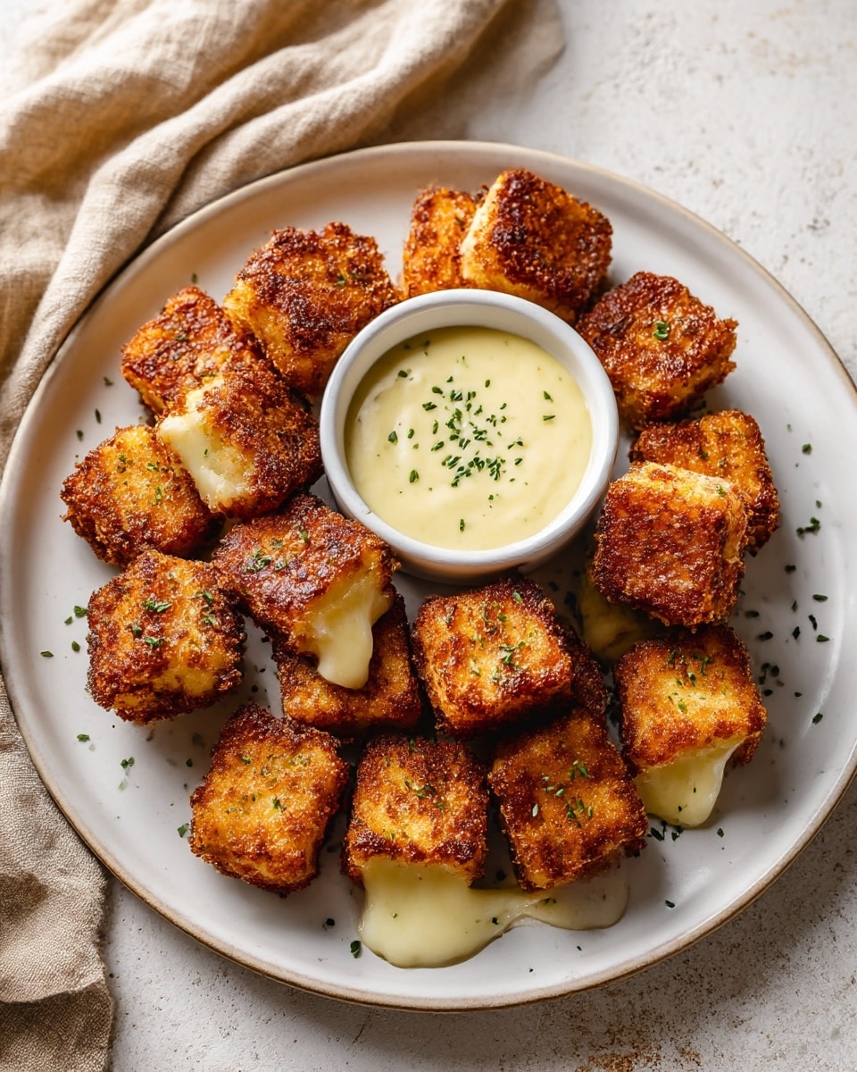 A white plate holds twelve small square pieces of crispy, golden-brown fried cheese with slightly melted edges showing creamy white melted cheese inside each piece. In the center of the plate is a white bowl filled with smooth, light cream-colored dipping sauce topped with small green herb sprinkles. The cheese pieces are arranged around the bowl in a circle on a white marbled texture surface with a soft beige cloth nearby. photo taken with an iphone --ar 4:5 --v 7