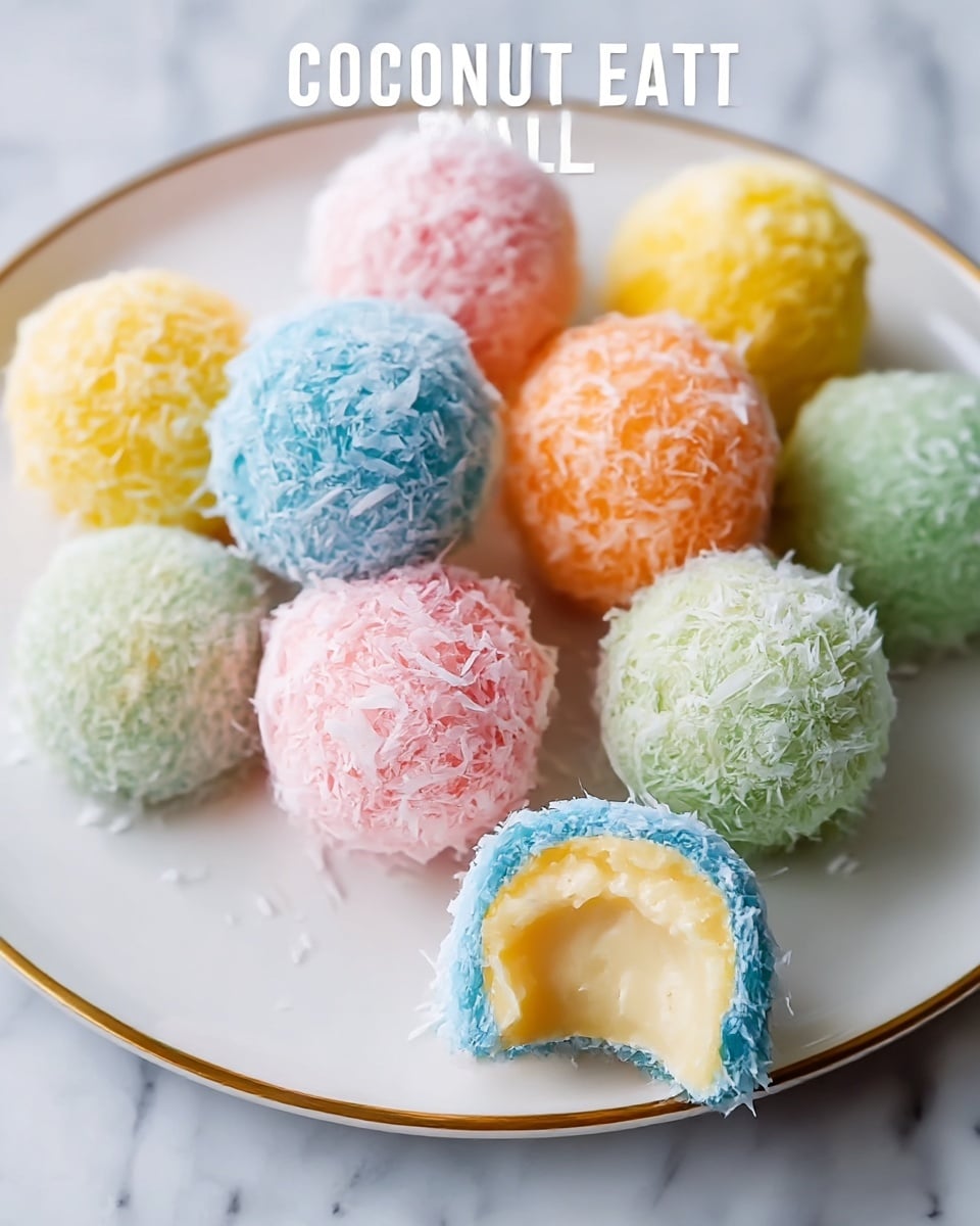 The image shows a white plate with a gold edge on a white marbled surface, filled with small, round Easter Bunny Coconut Tail treats. Each treat has one layer visible, a smooth pastel-colored outer coating in pink, yellow, blue, green, and peach covered with shredded white coconut flakes giving a rough texture. One blue treat is bitten to show a creamy, white coconut filling inside with a soft texture. The treats are grouped closely together with soft natural lighting highlighting their bright colors. Photo taken with an iphone --ar 4:5 --v 7
