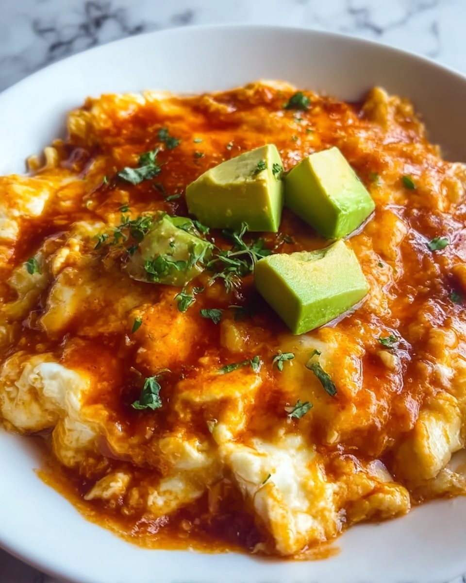 A close-up view of a creamy dish in a white bowl, showing one main layer of soft, pale yellow scrambled eggs mixed with white cheese curds, all covered by a rich, glossy reddish-orange sauce with small green herb bits scattered on top. In the center, there are four chunks of bright green avocado adding a fresh contrast. The bowl sits on a white marbled surface, with warm natural light highlighting the textures and colors of the dish. photo taken with an iphone --ar 4:5 --v 7