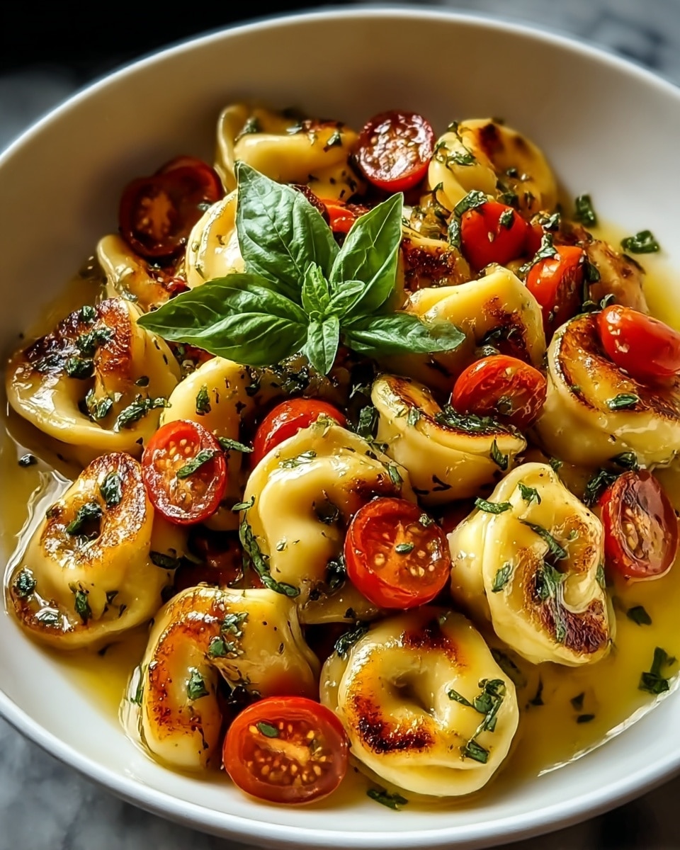 A white bowl holds about two layers of golden-brown grilled tortellini, each piece showing crisp grill marks and a smooth, slightly glossy texture. Mixed throughout are small, vibrant red cherry tomatoes, halved and roasted, sitting nestled between the tortellini. Bright green chopped herbs are sprinkled evenly across the dish, with a few larger fresh basil leaves placed on top in the center for garnish. A light, shiny sauce pools gently at the bottom, adding a rich, moist look to the dish. The bowl is set on a white marbled surface, enhancing the colors of the food. photo taken with an iphone --ar 4:5 --v 7
