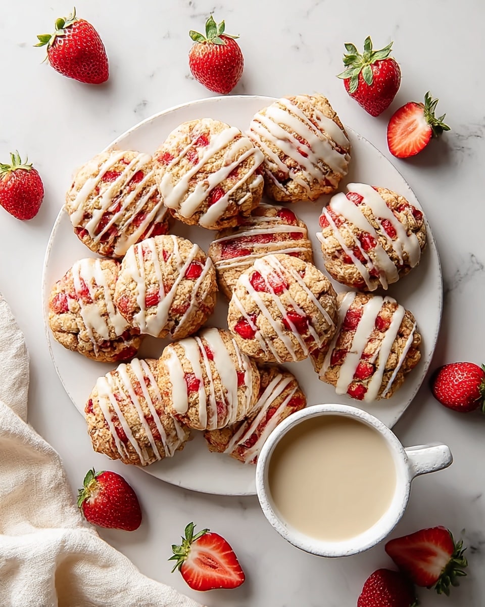 The image shows a white round plate filled with ten round cookies, each with a light golden color and pieces of red strawberries mixed into the dough. The cookies have white icing drizzled in lines on top. Around the plate, there are whole and halved fresh strawberries with green leaves, adding a bright red contrast. A small white bowl with a speckled rim sits on the plate filled with a light creamy liquid. The background is a white marbled surface with a soft white cloth partially visible on the lower left side. photo taken with an iphone --ar 4:5 --v 7