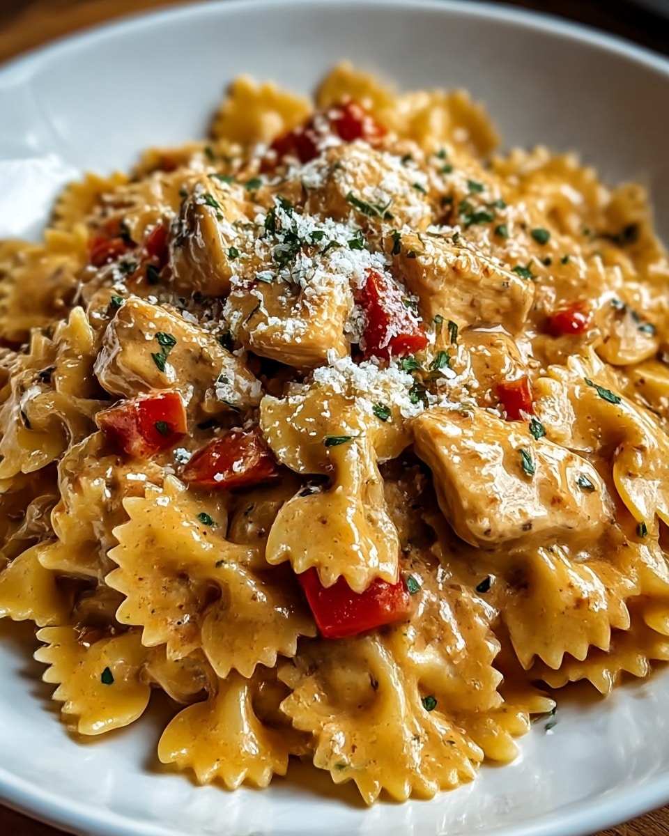 A white round plate holds a creamy pasta dish with three visible layers. The bottom layer is a bed of golden-yellow bowtie pasta, slightly glossy with a smooth texture. The middle layer consists of a rich, light brown creamy sauce coating the pasta evenly, with small chunks of browned chicken mixed in. Scattered on top are small pieces of bright red bell pepper and specks of dark green parsley leaves. The top layer has a light sprinkling of finely grated white cheese and a few cracked black pepper bits, adding texture and color contrast. The dish is set on a white marbled surface. photo taken with an iphone --ar 4:5 --v 7