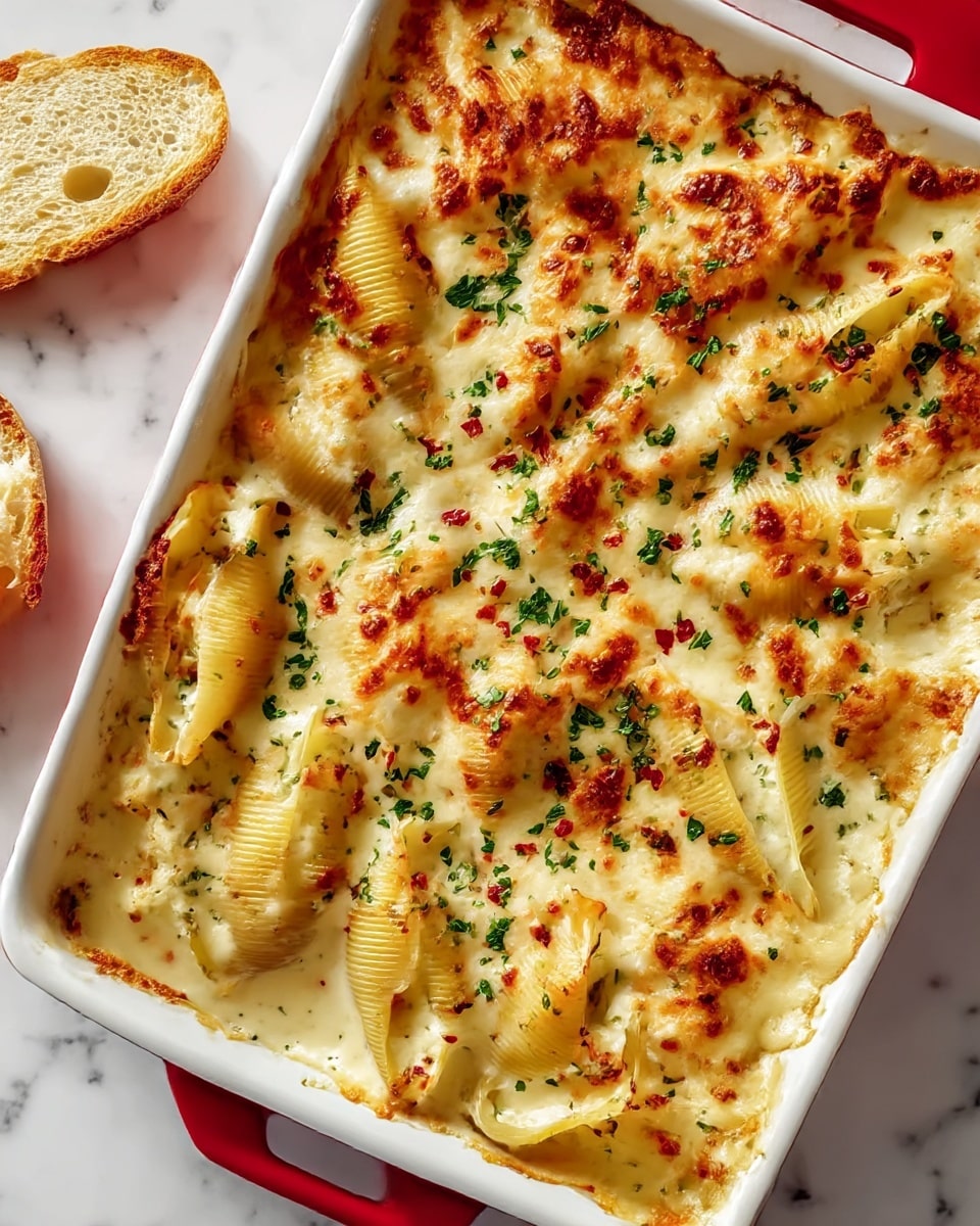 A close-up view of a baked pasta dish in a white rectangular baking dish with a red handle, showing large pasta shells filled with creamy white cheese sauce, baked to a golden brown on top. The cheese is bubbly and melted, with browned and slightly crispy spots, sprinkled with finely chopped green herbs across the surface. The pasta shells are layered and slightly overlapping, with the sauce visible between them, creating a textured and rich look. The dish is placed on a surface with a white marbled texture, and some red pepper flakes and herbs are scattered around the edges. Photo taken with an iphone --ar 4:5 --v 7