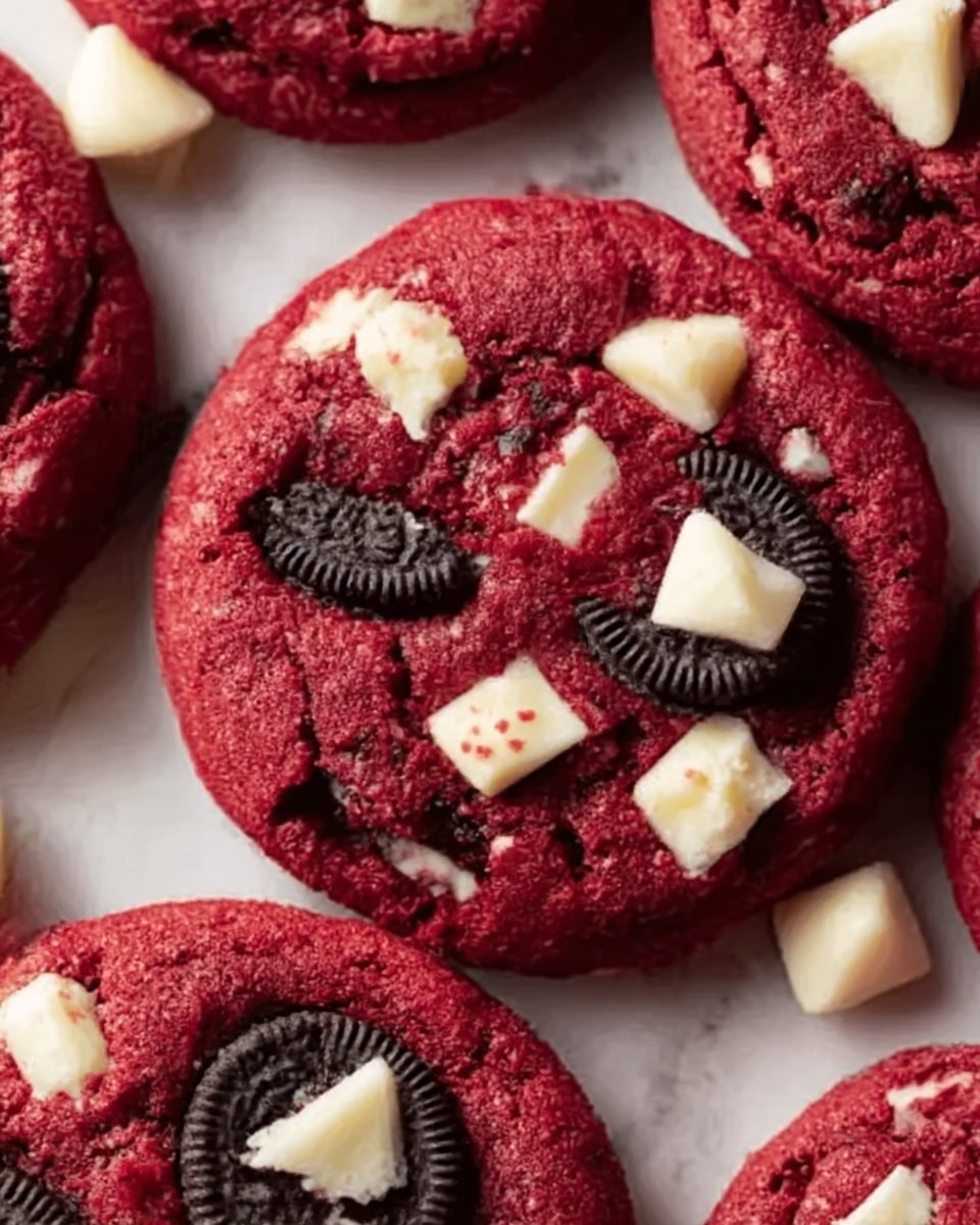 The image shows a close-up of a red velvet cookie with two small mini Oreo cookies and several white chocolate chunks on top. The cookie has a soft and slightly cracked texture with bright red color all over. The white chocolate pieces are scattered unevenly, creating contrast with the red cookie base, and the mini Oreos add a dark black and white pattern. The cookies are stacked closely together on a white marbled surface, giving a clean and fresh look. photo taken with an iphone --ar 4:5 --v 7