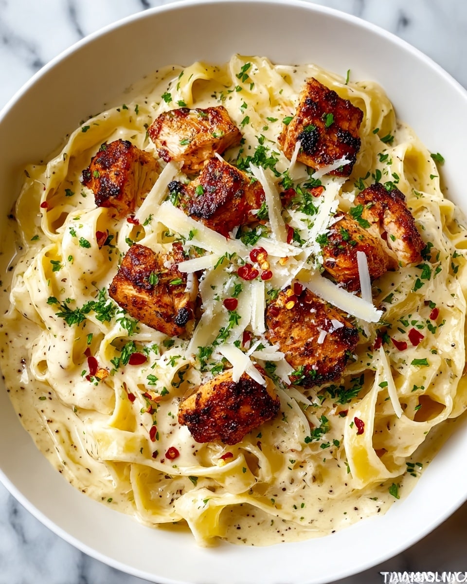A white bowl filled with creamy fettuccine pasta as the base layer, coated in a light yellow sauce with a smooth, slightly thick texture. On top, there are several small, browned grilled chicken pieces scattered across the pasta, showing a crispy, seasoned surface. The dish is sprinkled with finely grated white cheese and small green herbs, likely parsley, adding bright green spots all over. Tiny red pepper flakes are also sprinkled, giving a hint of red color details. The whole composition sits on a white marbled surface. photo taken with an iphone --ar 4:5 --v 7