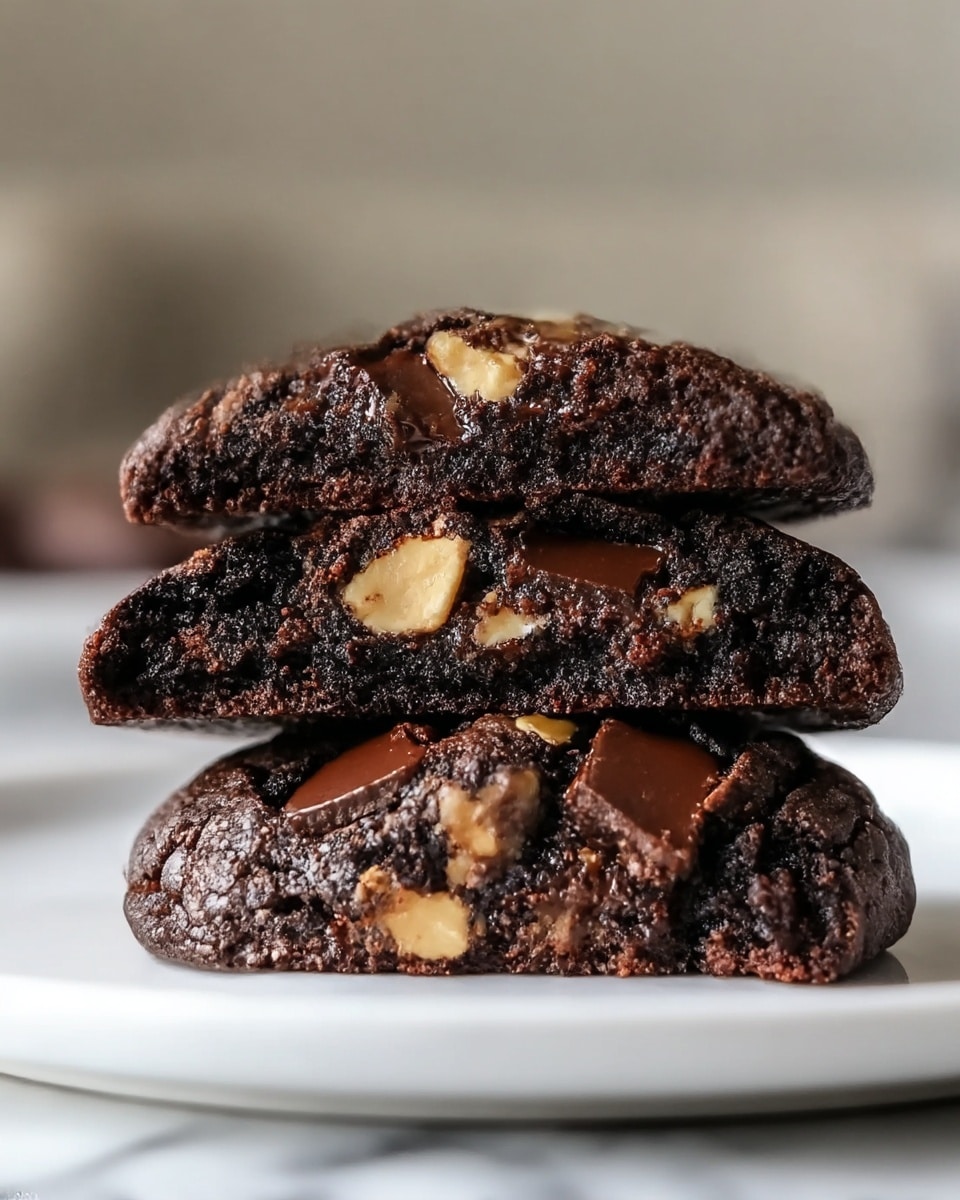 A close-up view of a stack of two dark chocolate cookies on a white rectangular plate placed on a white marbled surface. The top cookie is broken in half, showing a rich, moist, and dense dark brown interior with chunks of creamy beige nuts and melted glossy dark chocolate pieces running through the middle layer. The bottom cookie shows a textured, slightly crunchy outer layer with visible nuts and melted chocolate embedded in the dark chocolate dough. The background is softly blurred with warm white bokeh lights. Photo taken with an iphone --ar 4:5 --v 7