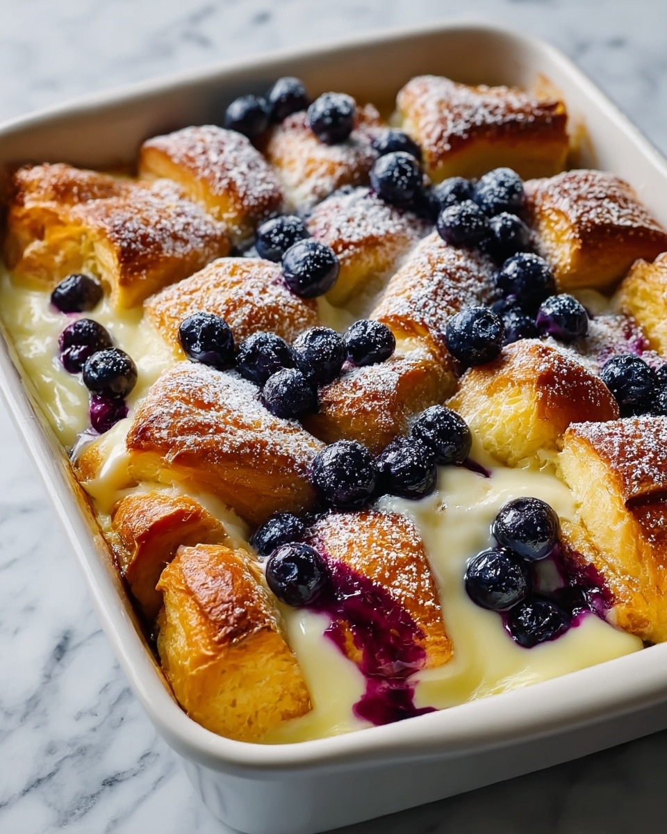 The dish shows a white rectangular baking dish filled with golden brown, flaky pastry chunks arranged in a layered pattern. Between these layers, thick, creamy off-white custard fills the gaps, creating a soft, rich contrast to the crispy pastry. Scattered on top and nestled among the layers are deep blue, plump blueberries with some slightly crushed, releasing vibrant purple juice that blends into the pastry edges. A light dusting of powdered sugar covers the whole dish, adding a fine white texture over the shiny, toasted surface of the pastry. The dish sits on a white marbled background, enhancing the colors and freshness of the dessert. photo taken with an iphone --ar 4:5 --v 7