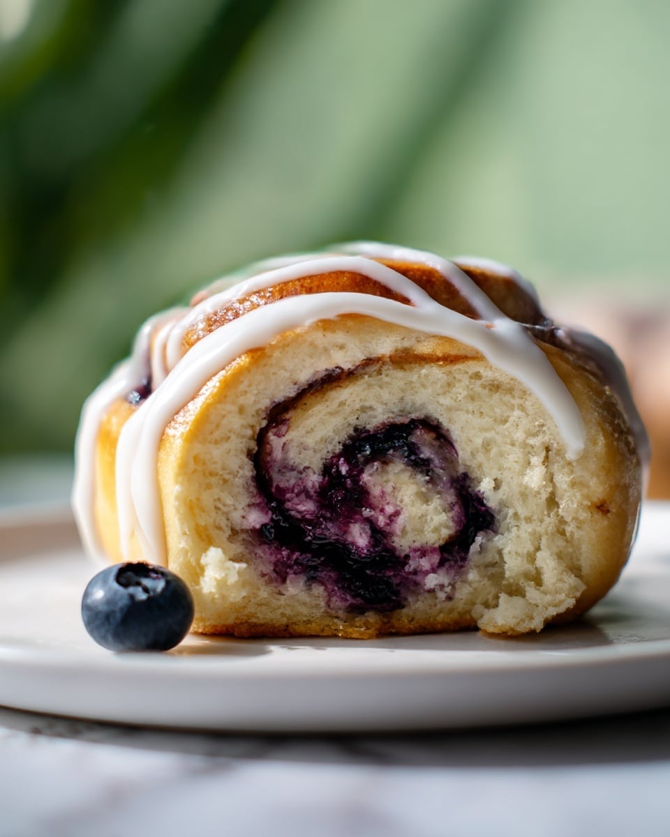 A close-up view of a sliced roll featuring three visible layers: the outer golden-brown baked dough, the middle layer of soft creamy yellow dough, and the inner swirl of dark purple blueberry filling dotted with whole blueberries. On top, there is a drizzle of smooth white glaze that gently flows down the sides. The roll is placed on a white plate set on a surface with a white marbled texture. Photo taken with an iphone --ar 4:5 --v 7