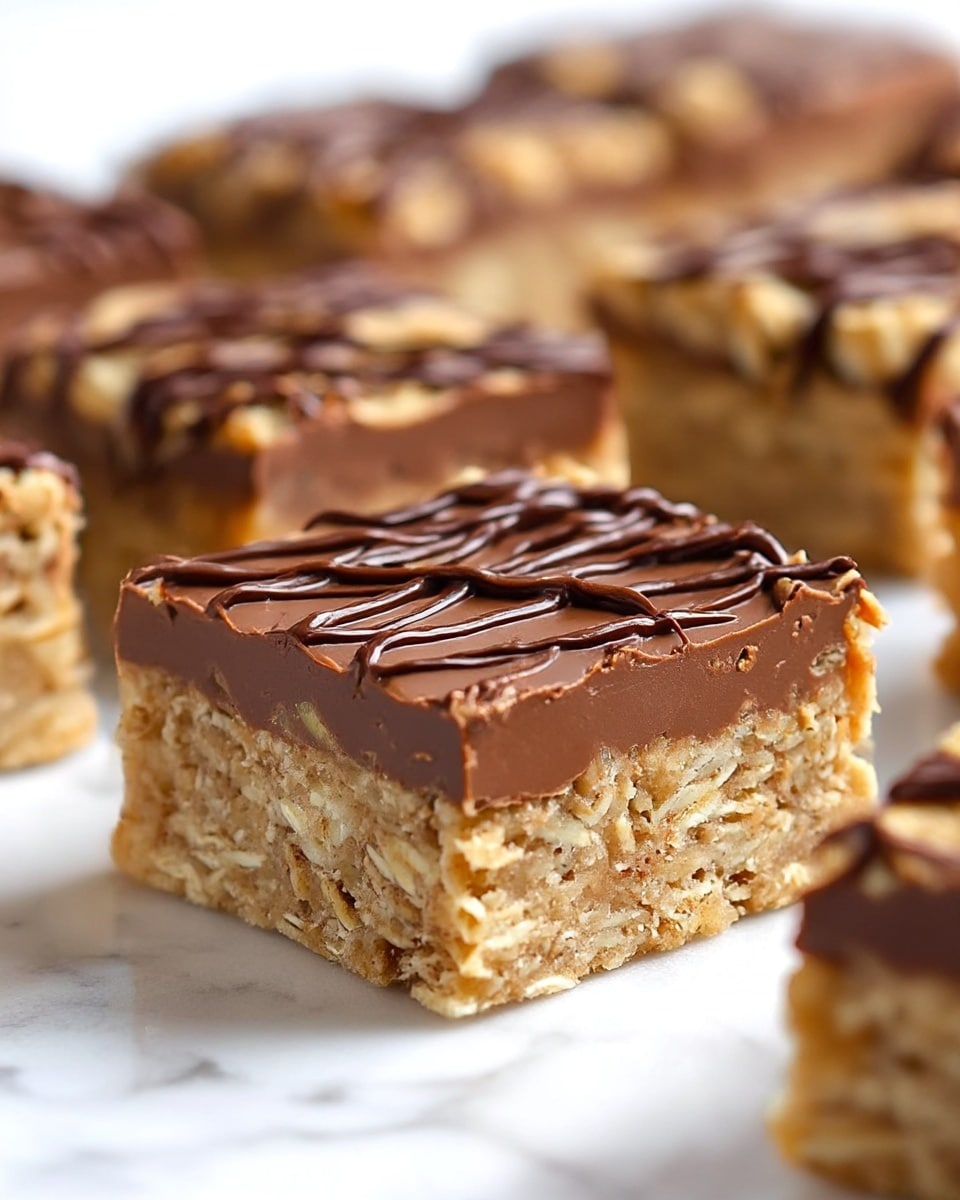 The image shows a close-up of square dessert bars arranged on a white marbled surface. Each bar has three layers: the bottom layer is light golden brown, made of a crumbly oat mixture with visible oat flakes; the middle layer is dense and smooth chocolate, thick and rich dark brown; the top layer is again the oat mixture, lighter and crumbly, but with a shiny dark chocolate drizzle adding texture and contrast. The bars are cut cleanly with clear edges, and the focus is on one bar in the front with others blurred in the back. photo taken with an iphone --ar 4:5 --v 7