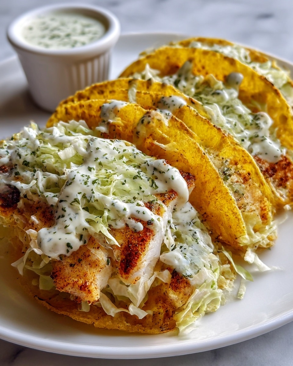 Three grilled fish tacos are arranged in a row on a white plate resting on a white marbled surface. Each taco has three layers: a golden-brown, slightly crisp tortilla shell on the outside, a middle layer of well-seasoned, charred grilled fish with visible grill marks, and a top layer of shredded pale green cabbage covered with white creamy sauce drizzled evenly, sprinkled with green herbs. A white cup filled with light green creamy sauce is placed behind the tacos on the plate. photo taken with an iphone --ar 4:5 --v 7