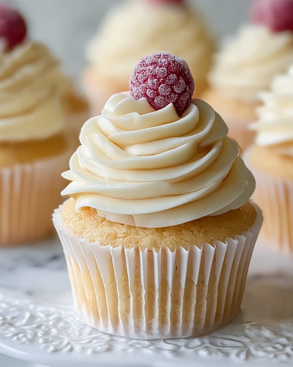A close-up view of a vanilla cupcake with a light golden base inside a white ridged paper liner, topped with a thick swirl of smooth, creamy off-white frosting arranged in overlapping layers that spiral upwards, finished with a bright red raspberry covered in frost sitting at the peak, with similar cupcakes blurred in the background, all placed on a white plate with delicate floral detailing, set against a white marbled surface. photo taken with an iphone --ar 4:5 --v 7