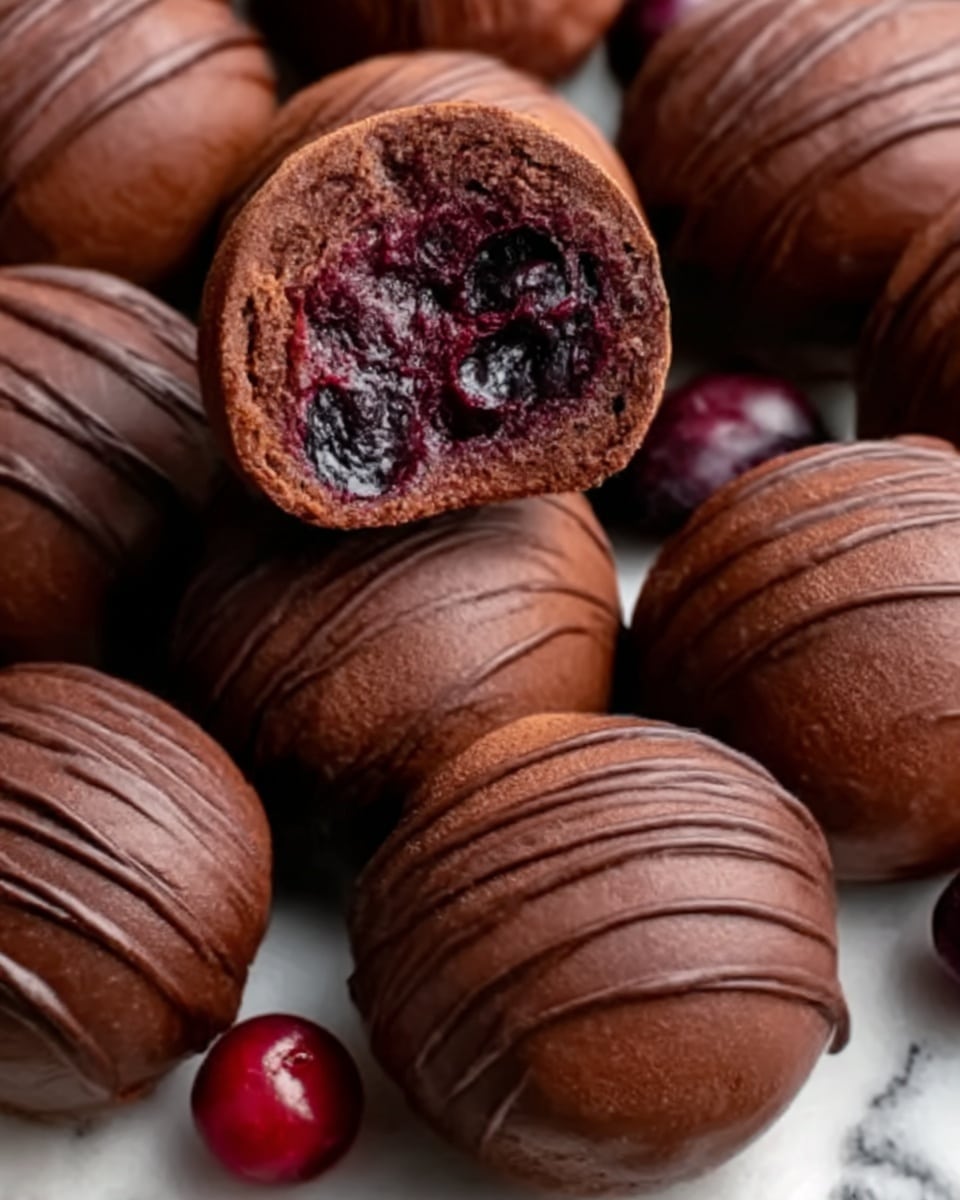 The image shows a plate of round chocolate truffles with a smooth chocolate coating, each decorated with thin, wavy lines of darker chocolate on top. One truffle is cut in half and placed on top, revealing a soft, dense chocolate cake layer inside with a dark, glossy cherry filling in the center. The truffles are arranged closely together on white parchment paper resting on a wooden plate, and several whole cherries are scattered around the truffles. The background is a white marbled texture. Photo taken with an iphone --ar 4:5 --v 7
