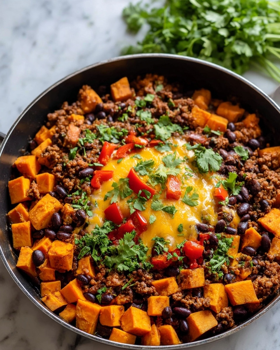 A black pan filled with a colorful cooked dish that has three main layers: the bottom layer is a mix of dark brown ground meat and black beans, scattered evenly. The middle layer shows bright orange sweet potato cubes and some red bell pepper pieces mixed well with the meat and beans. The top layer is melted yellow cheddar cheese spread in the center, sprinkled with fresh green chopped cilantro leaves. The pan is set on a white marbled surface, with blurry green herbs visible in the background. photo taken with an iphone --ar 4:5 --v 7